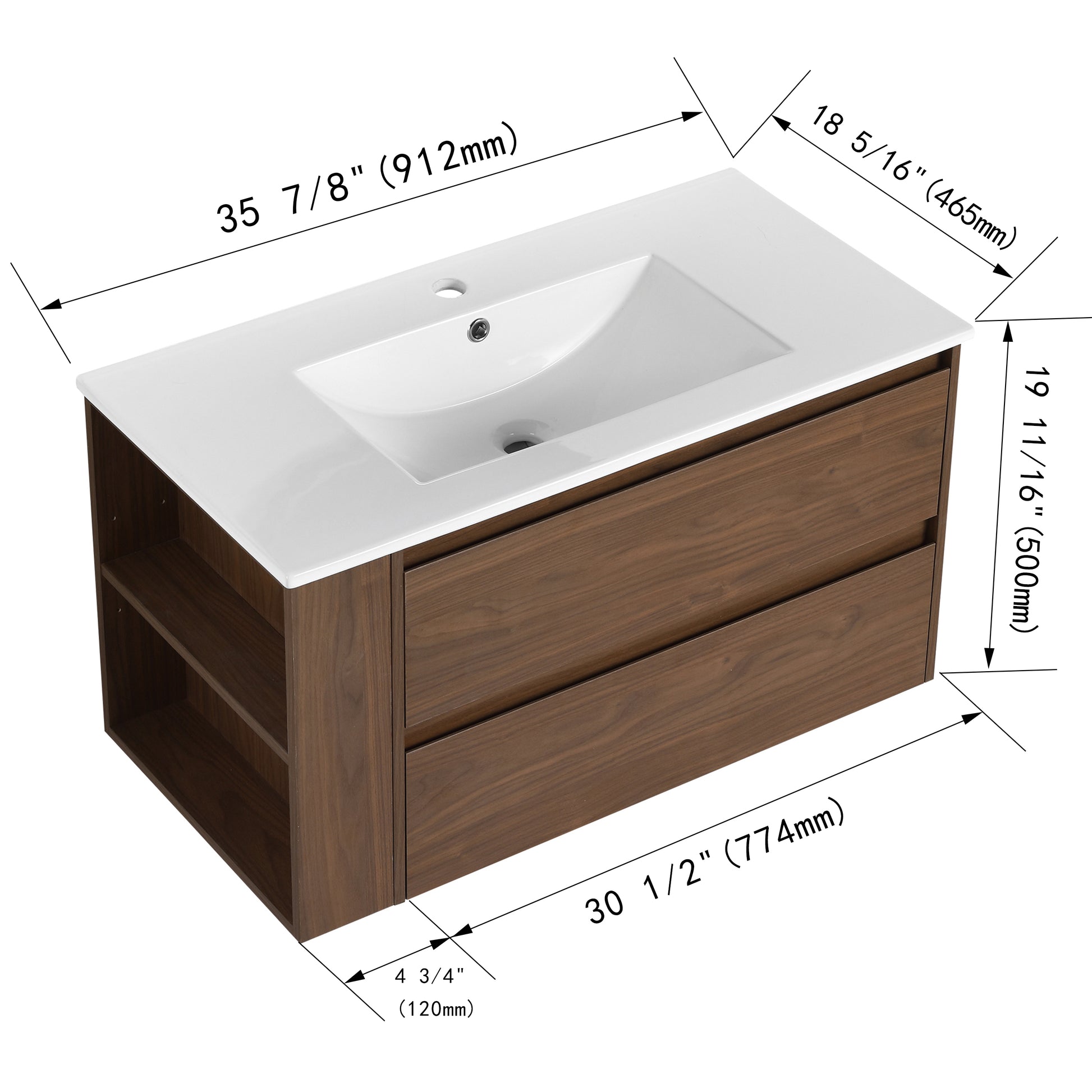 Floating bathroom vanity with white ceramic sink and dark wood drawers