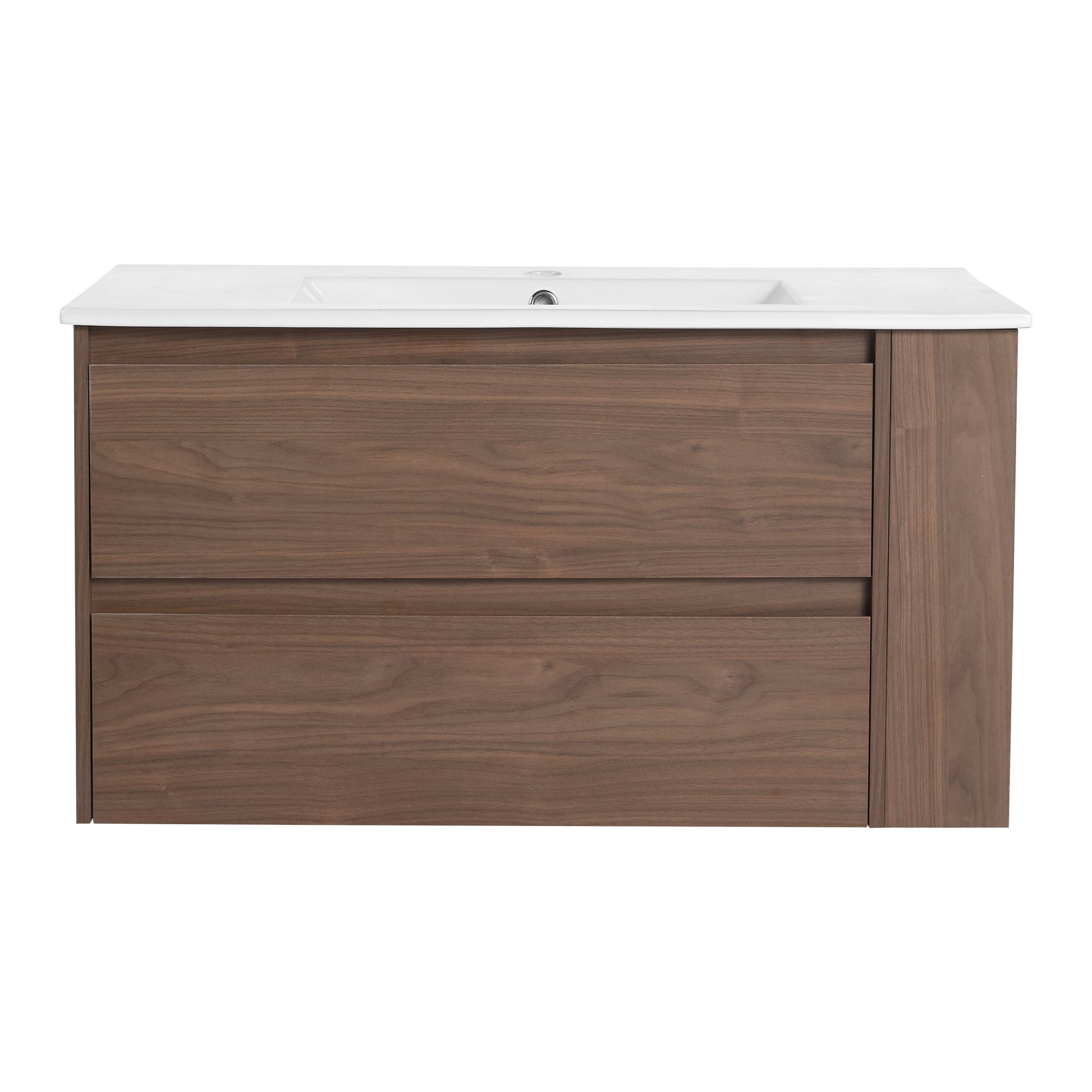 Modern wallmounted bathroom vanity with rich walnut finish and integrated white ceramic sink