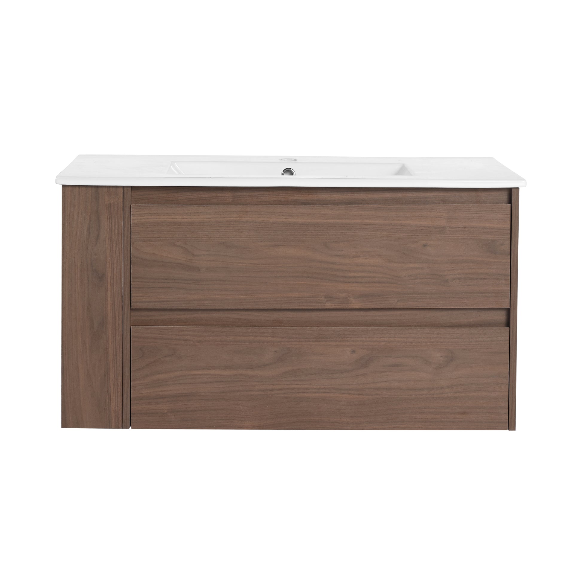 Modern walnut bathroom vanity with white integrated sink and two deep drawers for storage