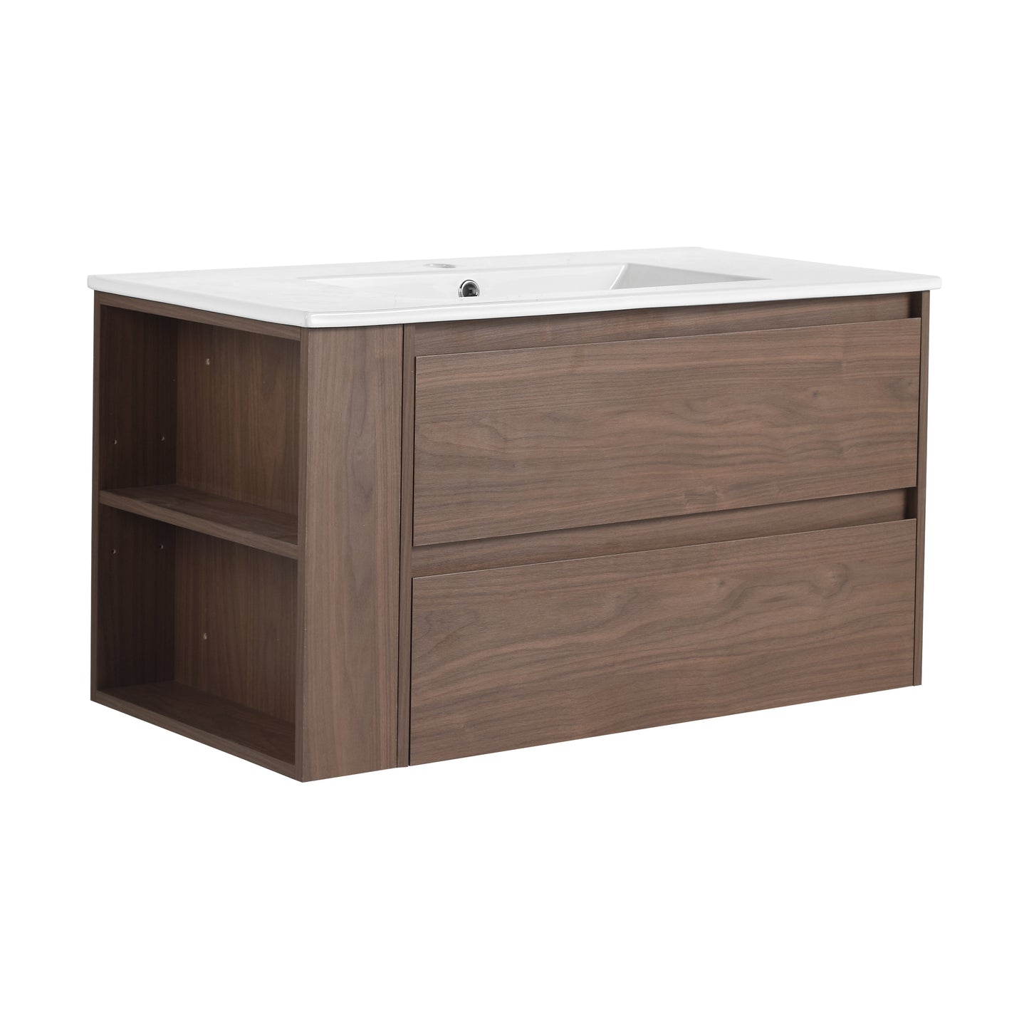 Modern walnut vanity with white ceramic sink and two drawers