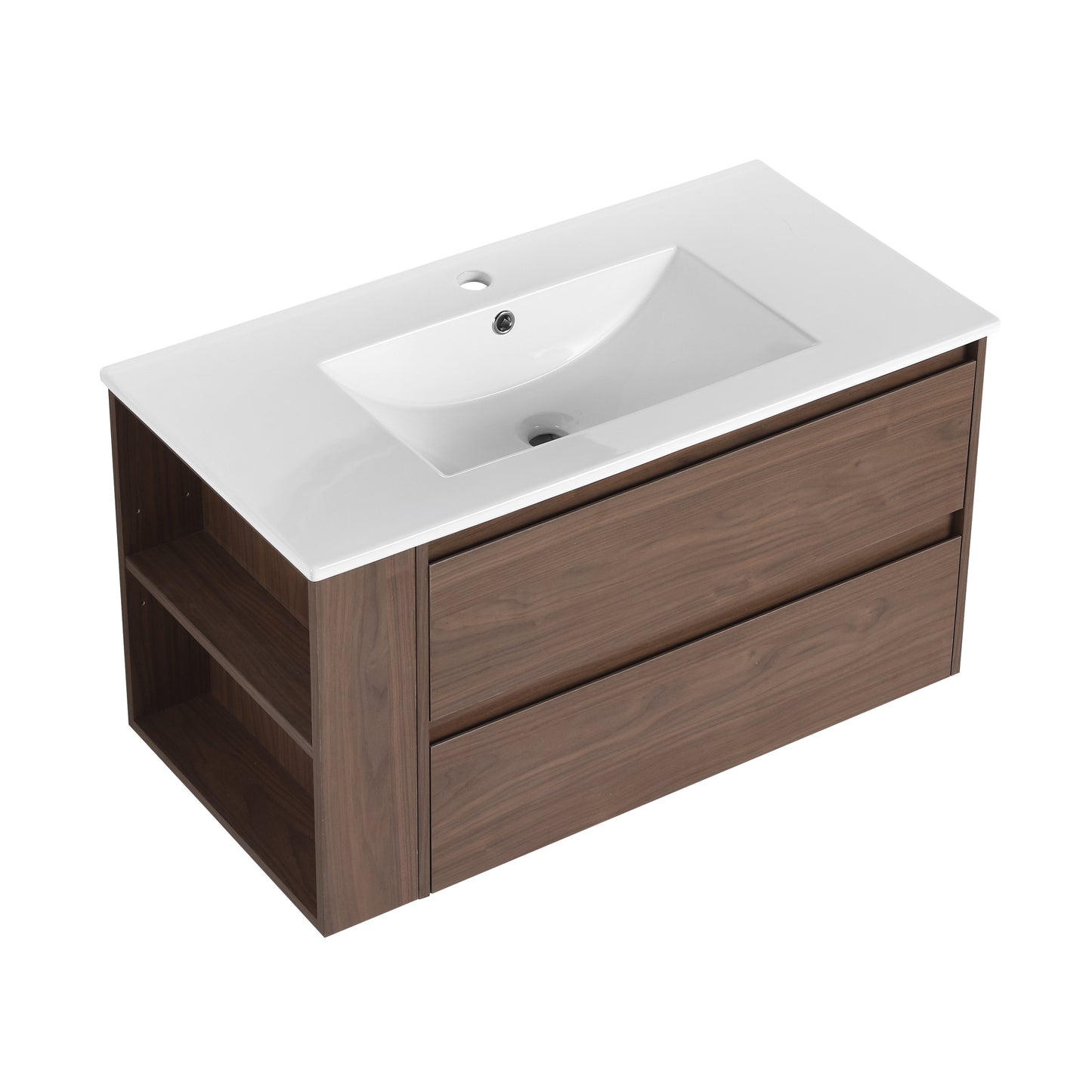 Modern walnut vanity with white ceramic sink and two drawers ideal for bathrooms