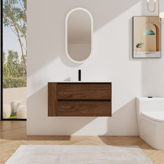 Modern walnut bathroom vanity with dual drawers and sleek black faucet