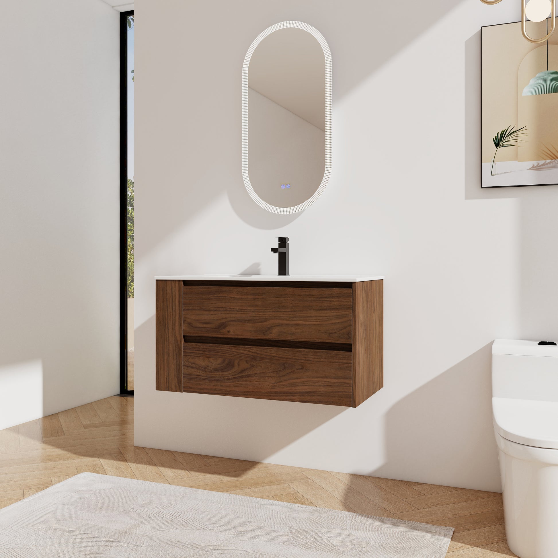 Modern wallmounted walnut vanity with two drawers and a white countertop