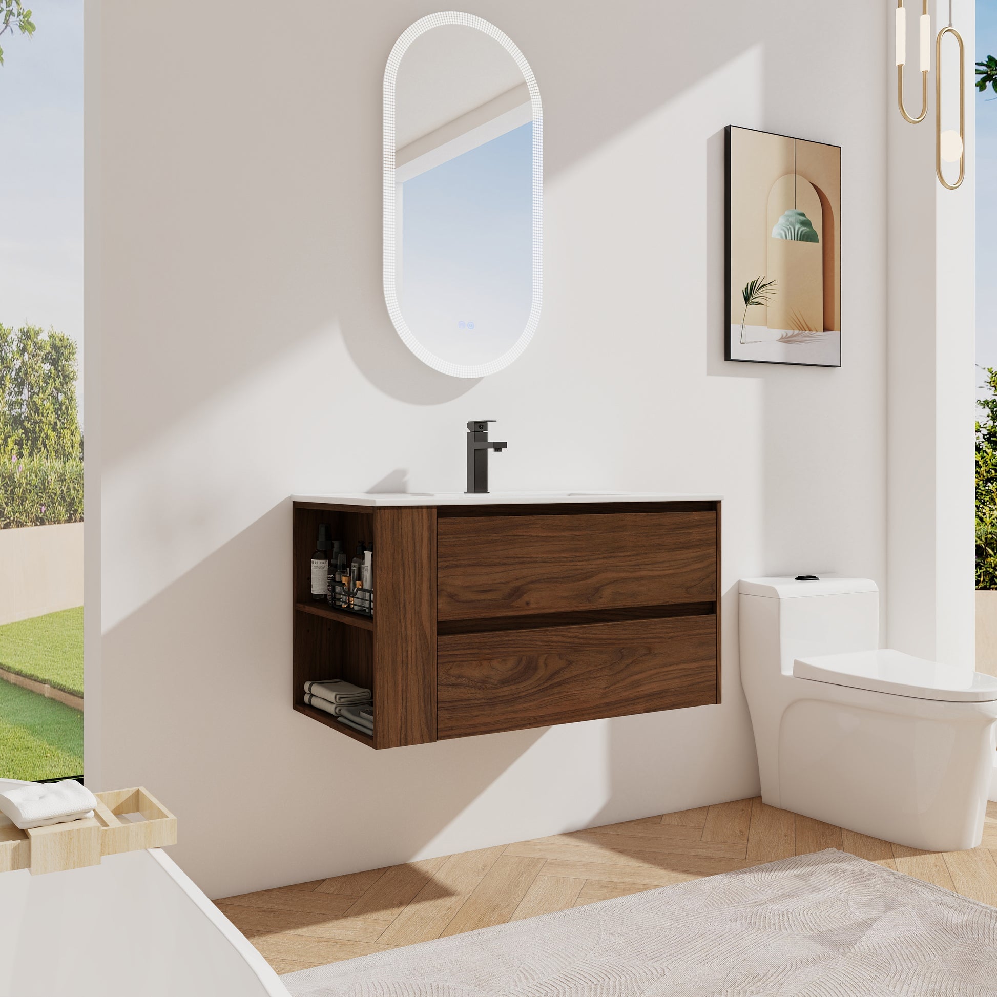 Modern walnut bathroom vanity with dual drawers and open shelving featuring a minimalist design for a contemporary bathroom