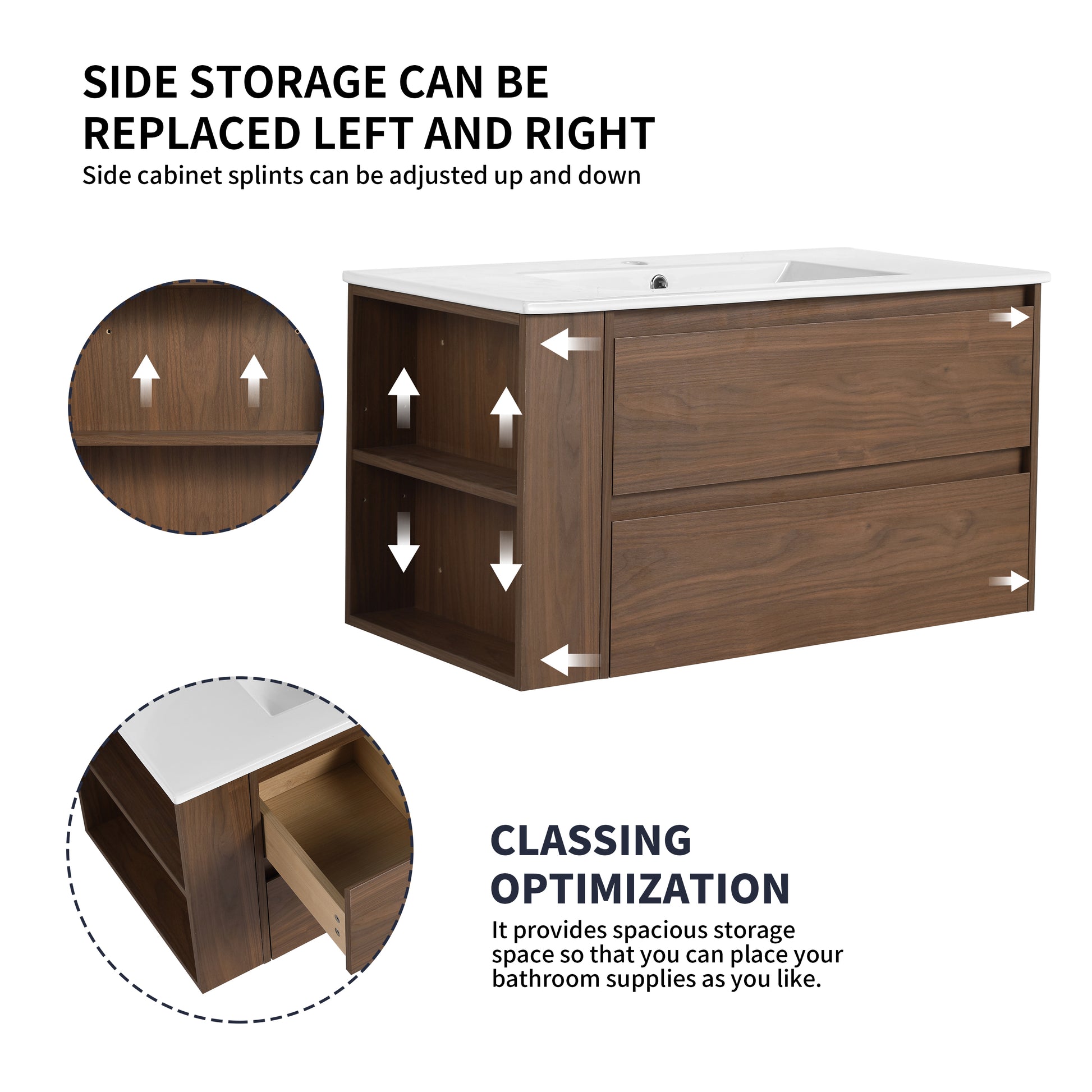 Walnut finish bathroom vanity with adjustable shelves and two drawers