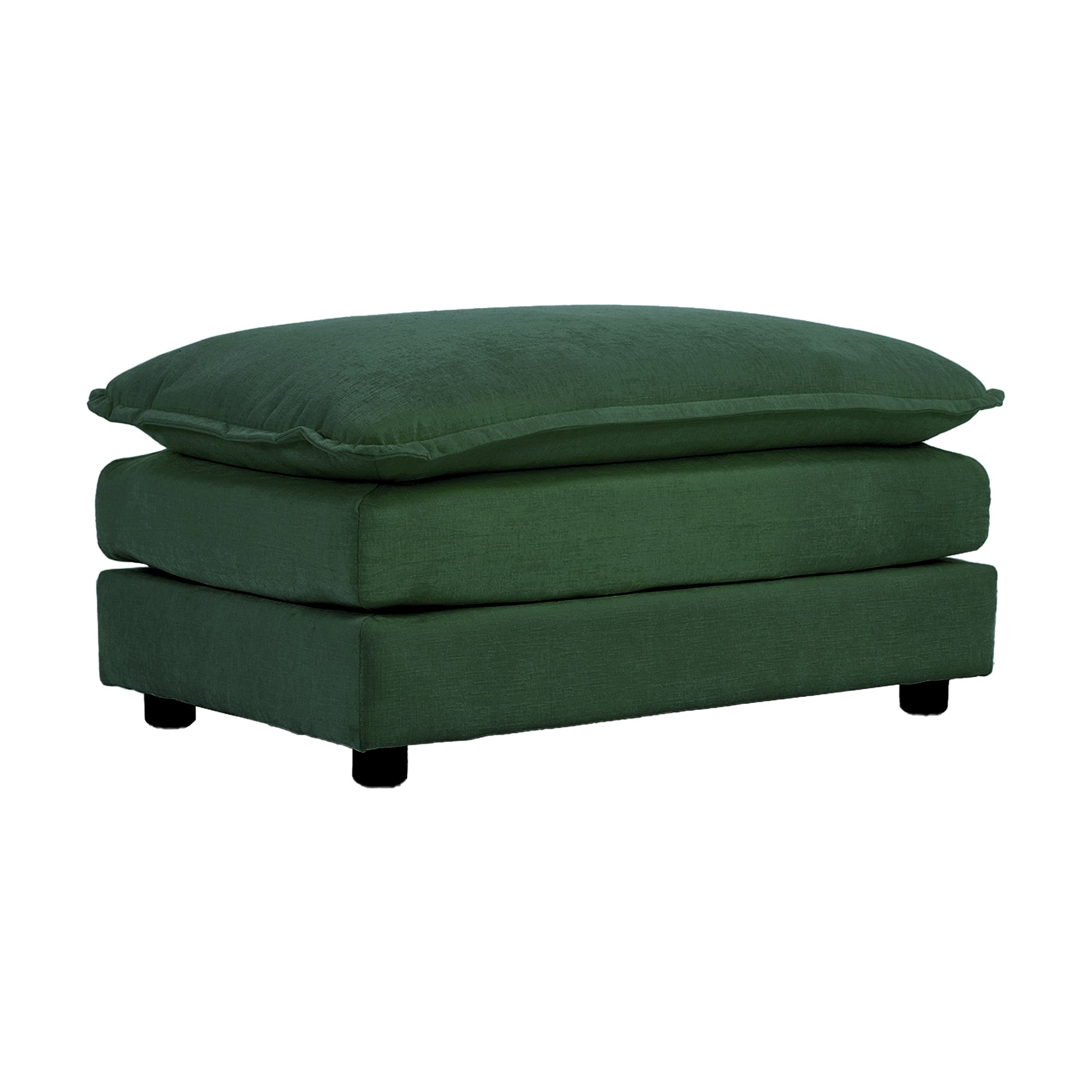 Deep forest green upholstered ottoman with a plush top cushion modern living room accent