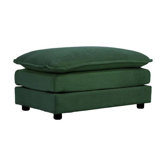 Deep forest green upholstered ottoman with a plush top cushion modern living room accent