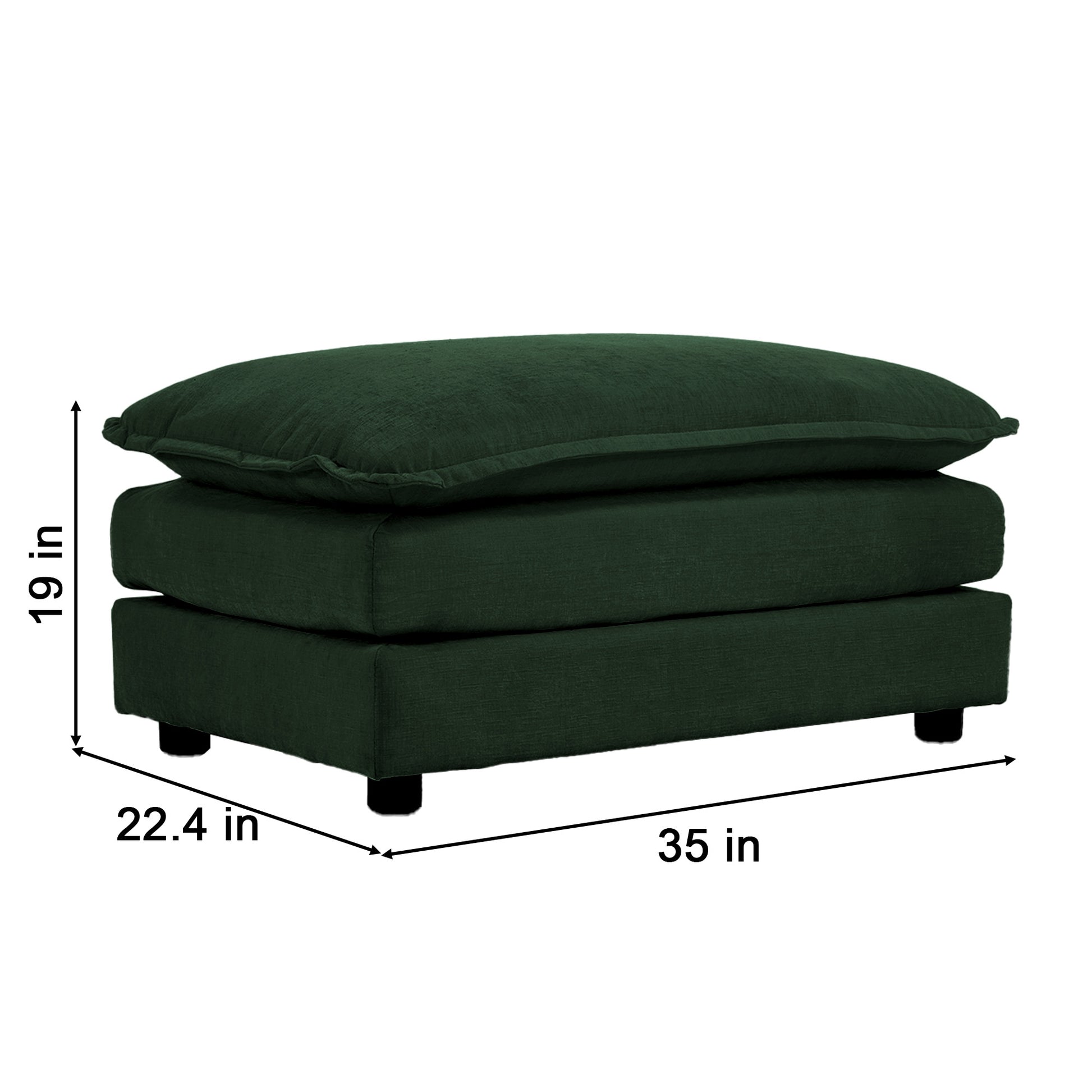 Deep green upholstered ottoman with plush top and clean lines