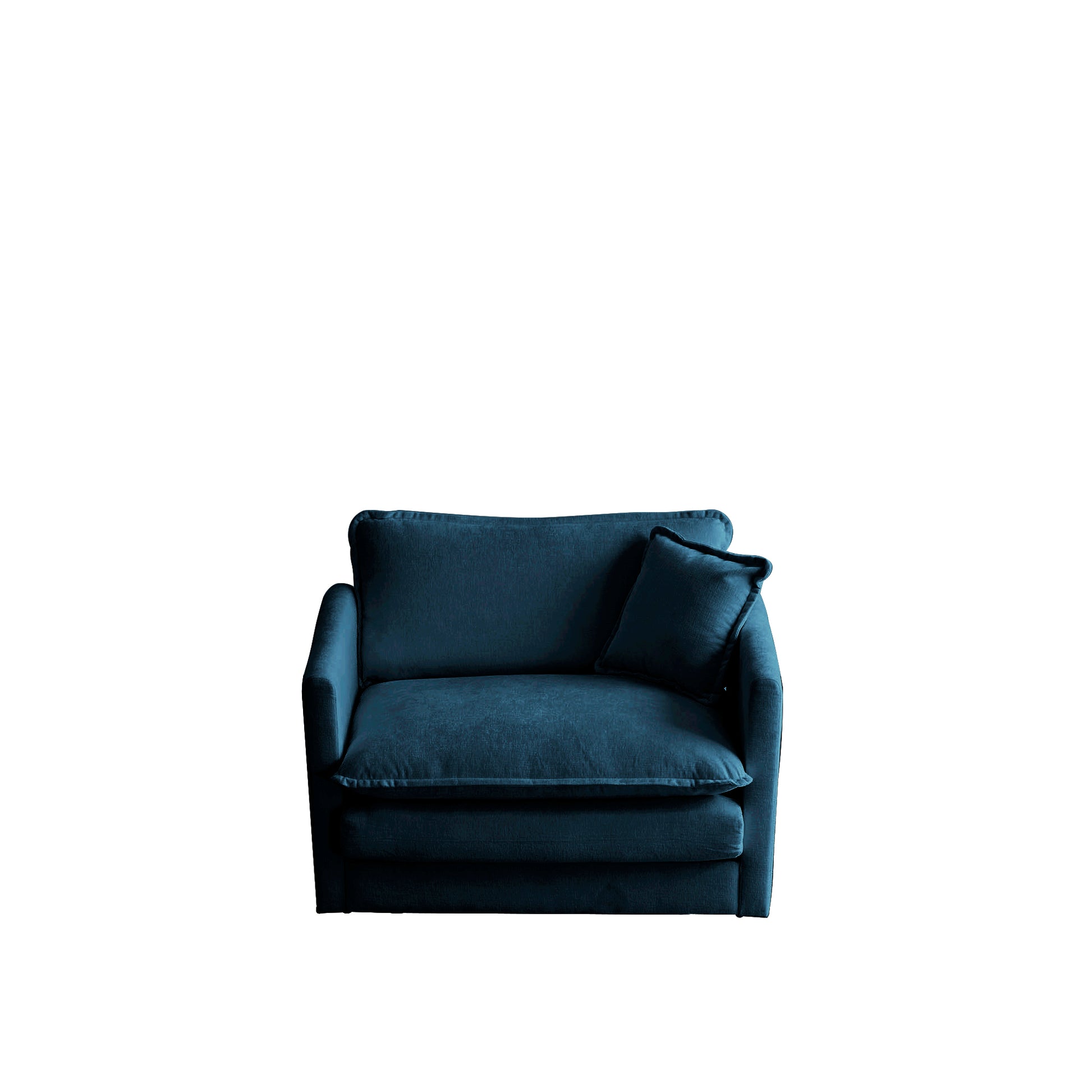 Plush navy blue fabric armchair with deep seat and accent pillow perfect for living rooms