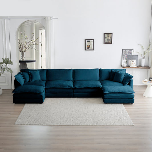 Deep teal velvet sectional sofa with plush cushions ideal for spacious living rooms