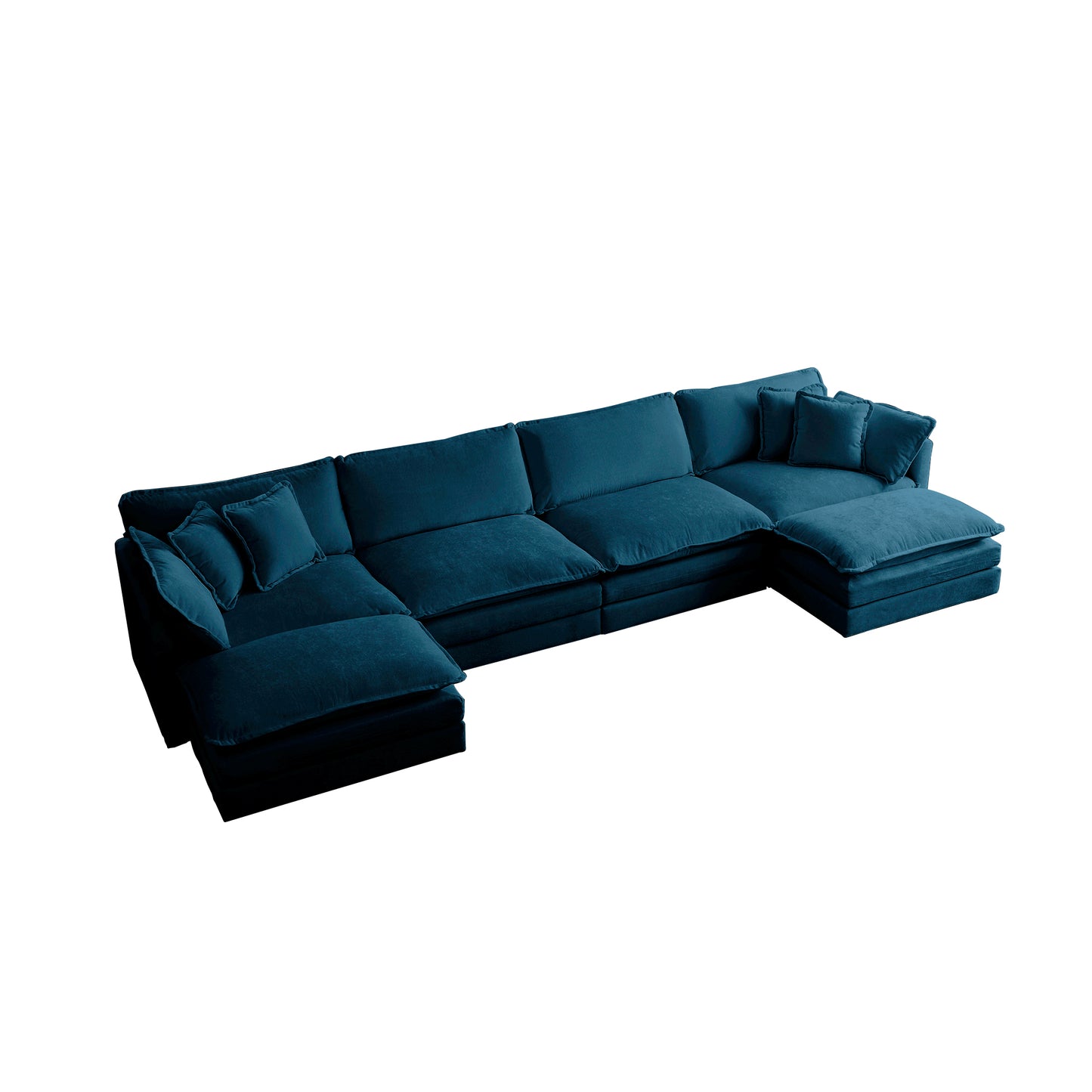 Deep teal velvet sectional sofa with plush cushions and chaise lounge attachment