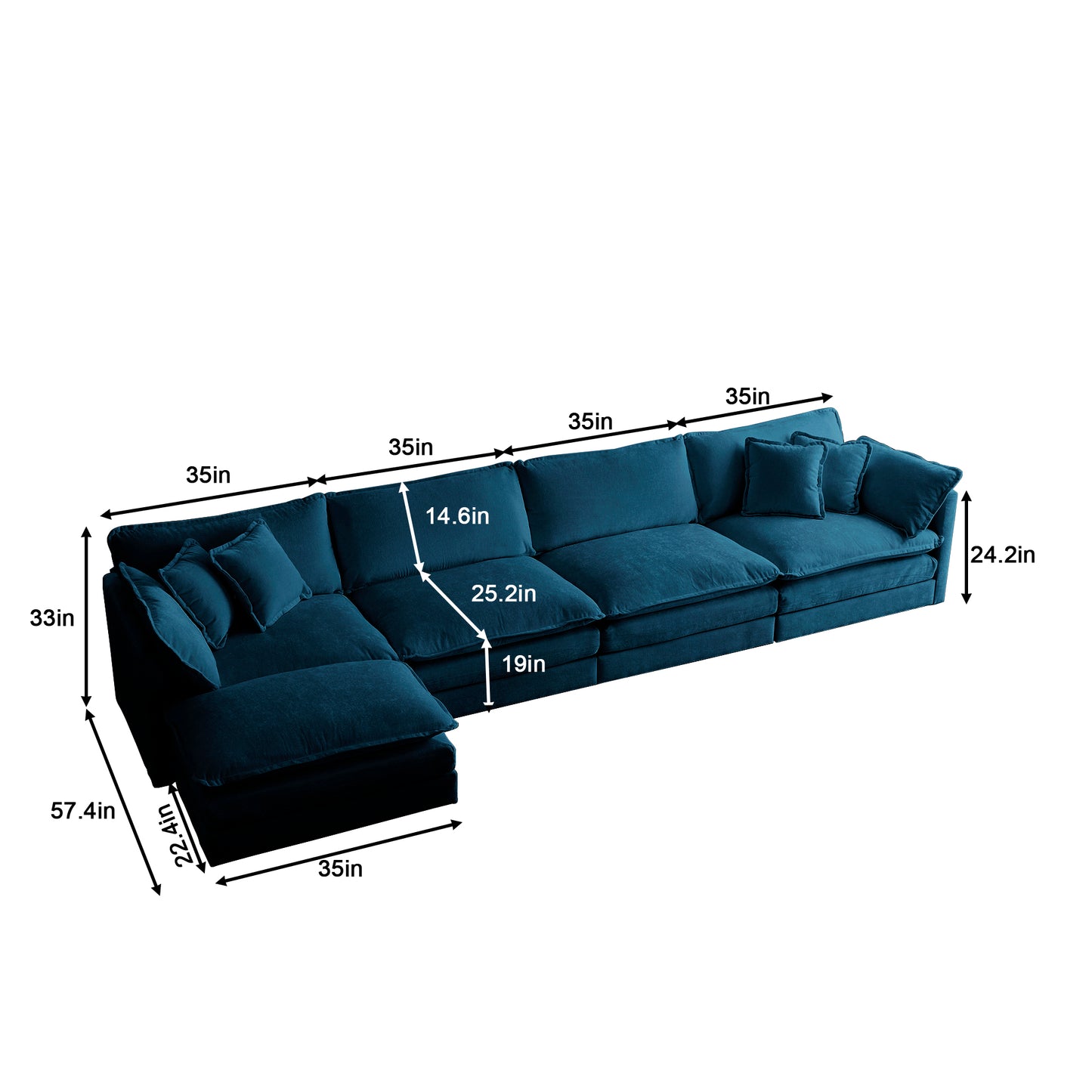 Deep teal velvet sectional sofa with plush cushions and included throw pillows