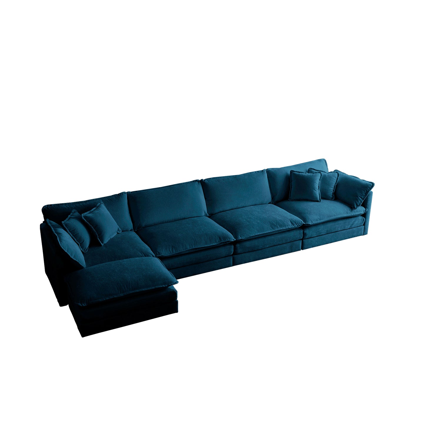 Deep teal velvet sectional sofa with plush cushions and matching throw pillows