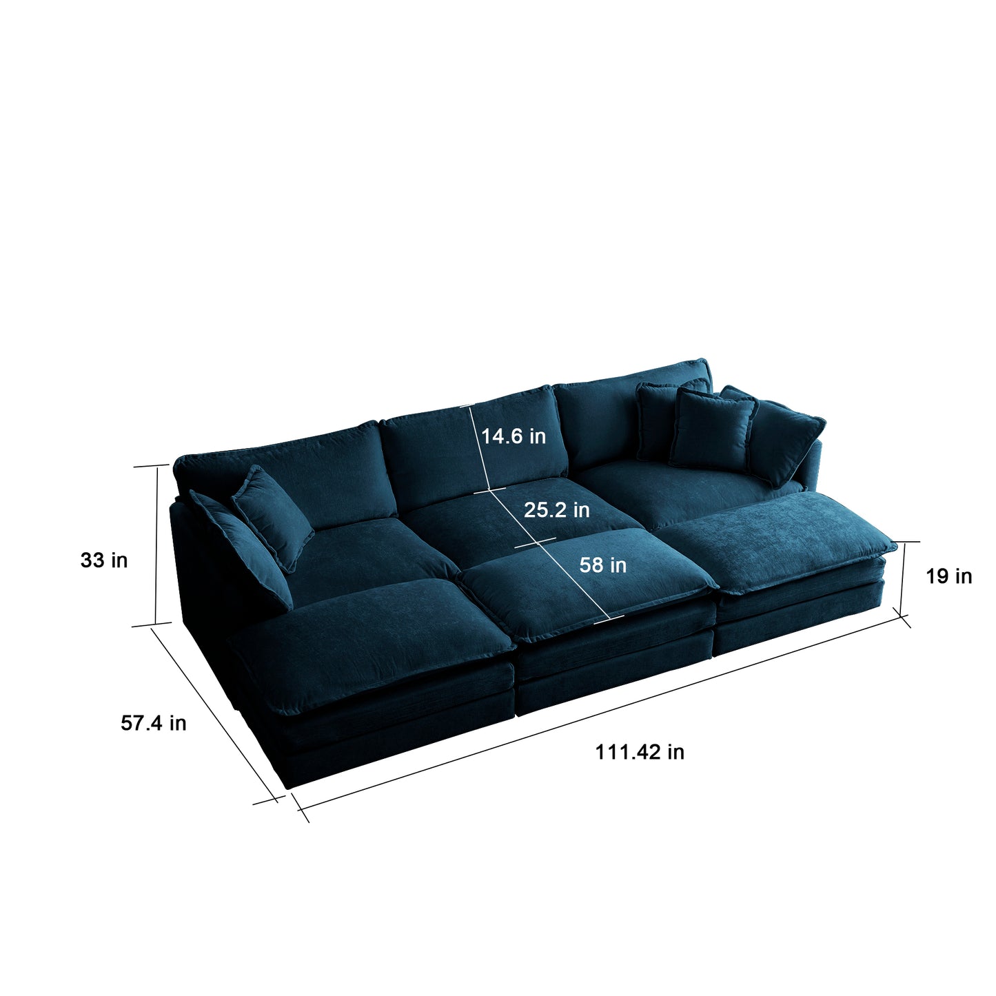 Deep teal modular sectional sofa with plush cushions and accent pillows  W