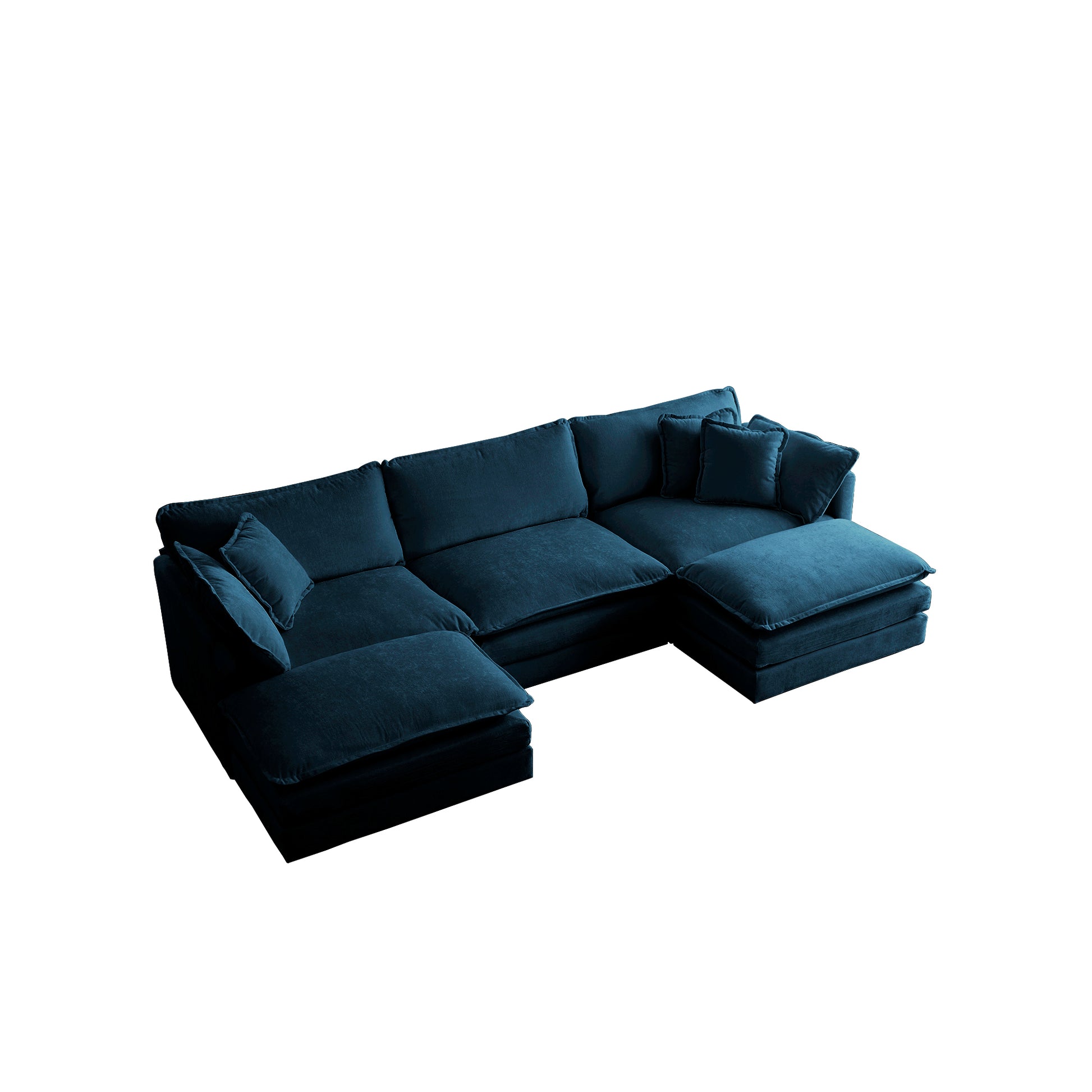 Plush teal velvet sectional sofa with deep seating and multiple throw pillows perfect for a modern living room