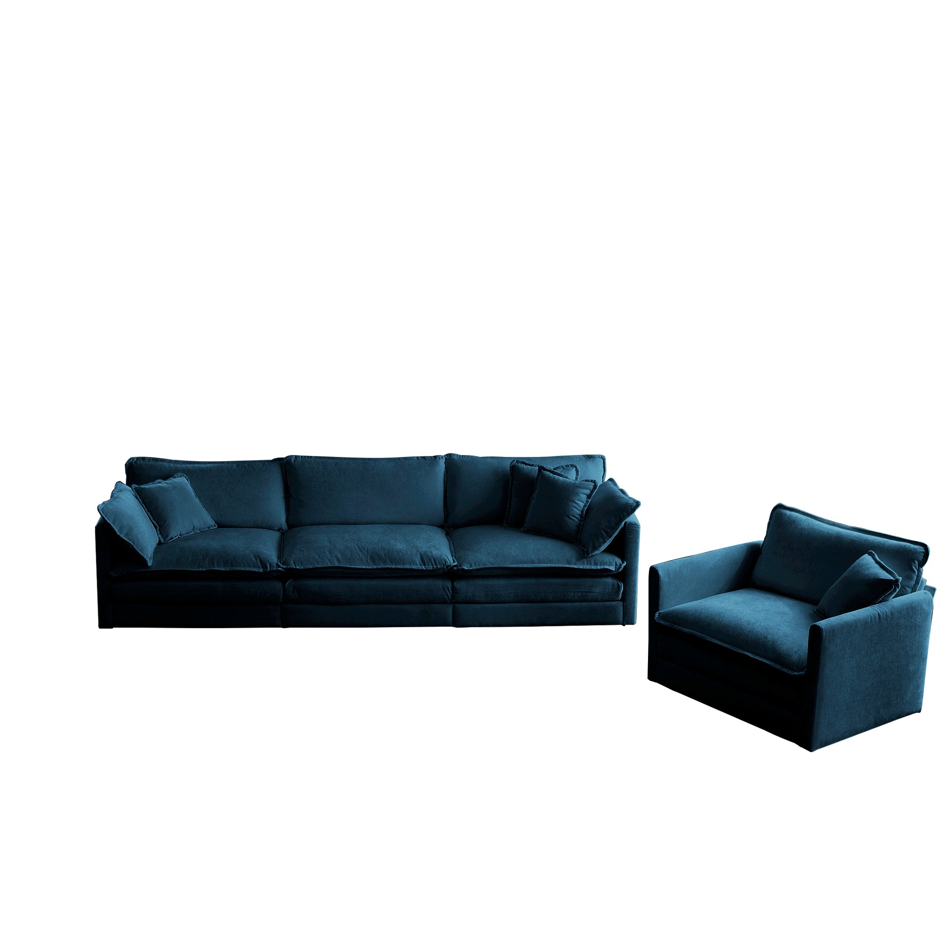 Deep teal velvet modular sofa with matching armchair plush comfort for modern living spaces
