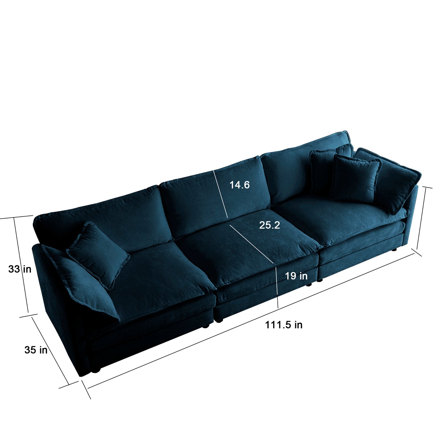 Deep teal velvet sectional sofa with plush cushions and accent pillows Dimensions shown