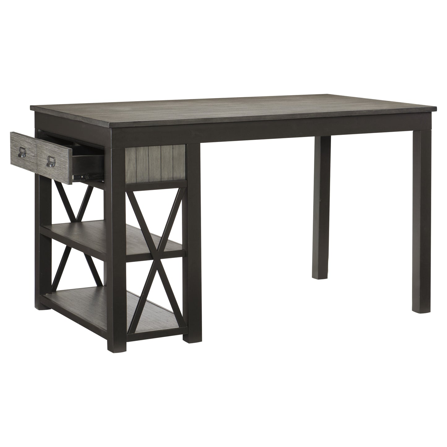 Rustic gray wood desk with open drawer and Xframe shelves