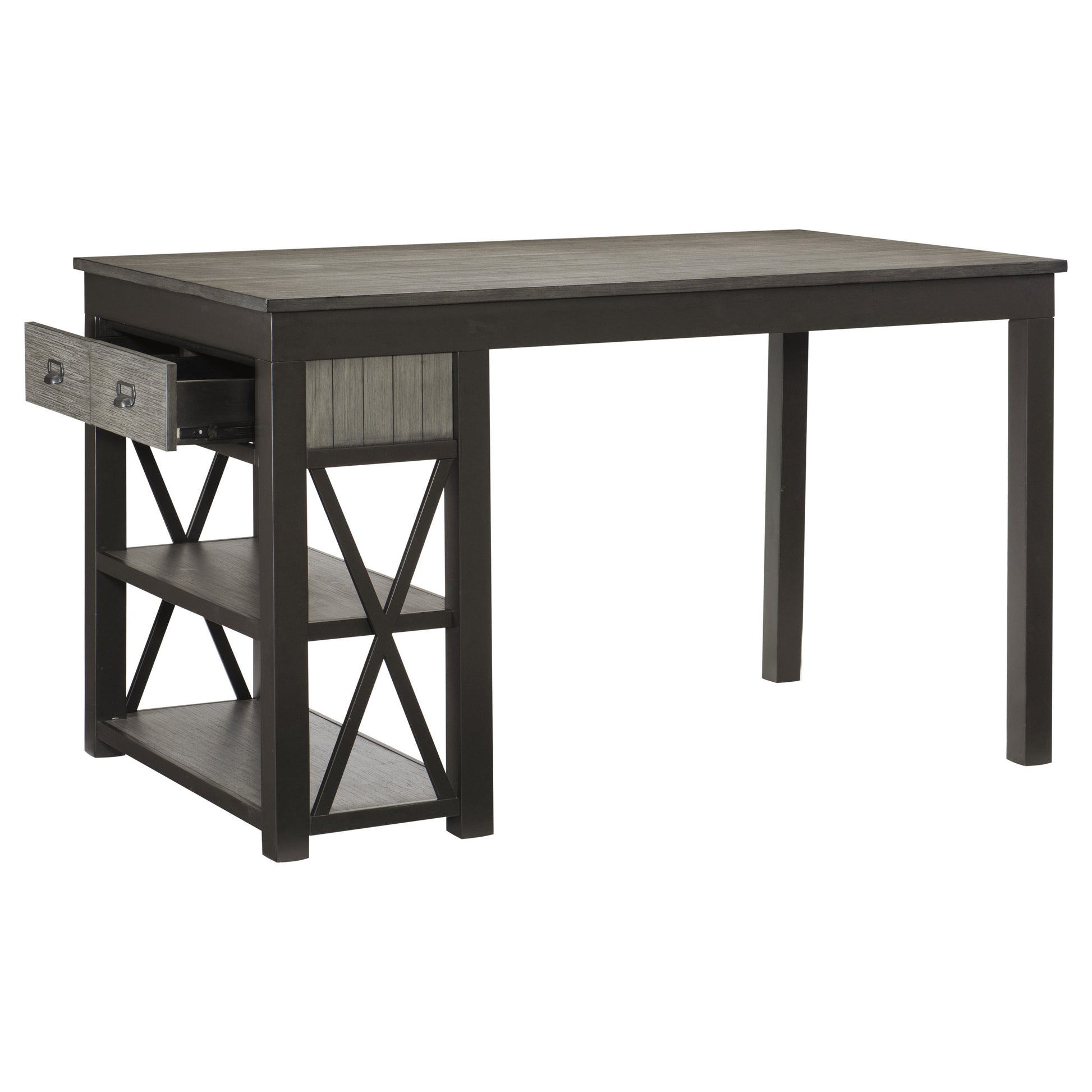 Rustic gray wood desk with open drawer and Xframe shelves