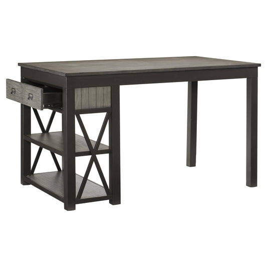 Rustic gray wood desk with open drawer and Xframe shelves