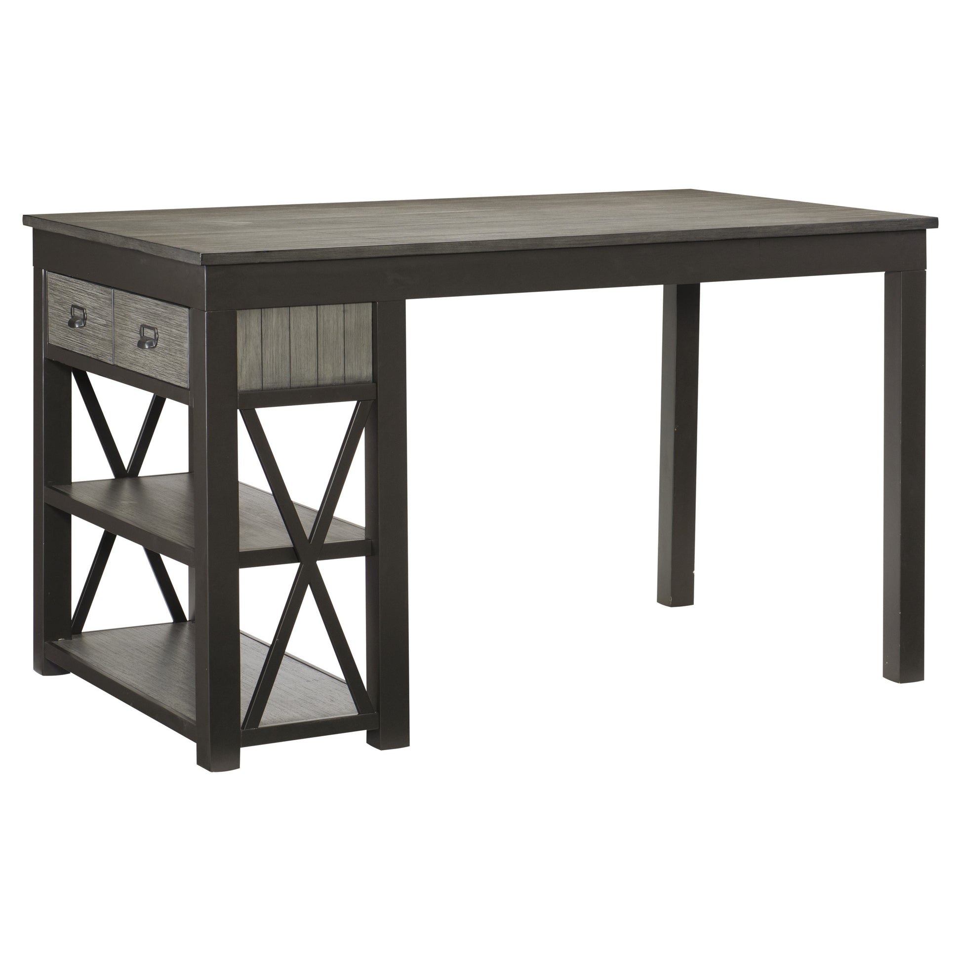 Rustic gray wood desk with two drawers and open shelving