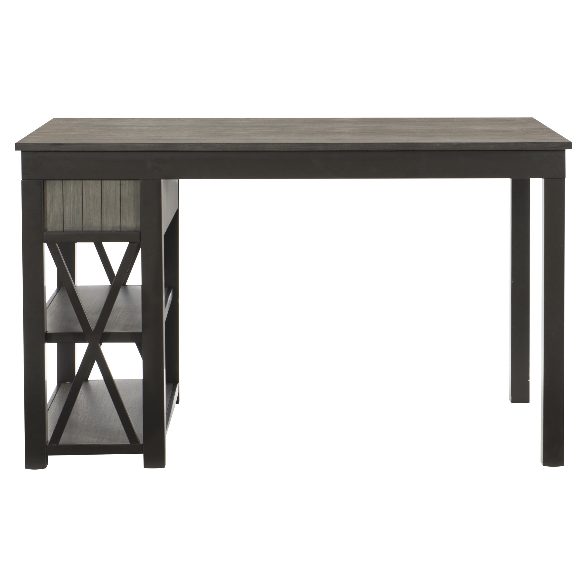 Rustic grey oak wood desk with three open shelves and Xbraced side