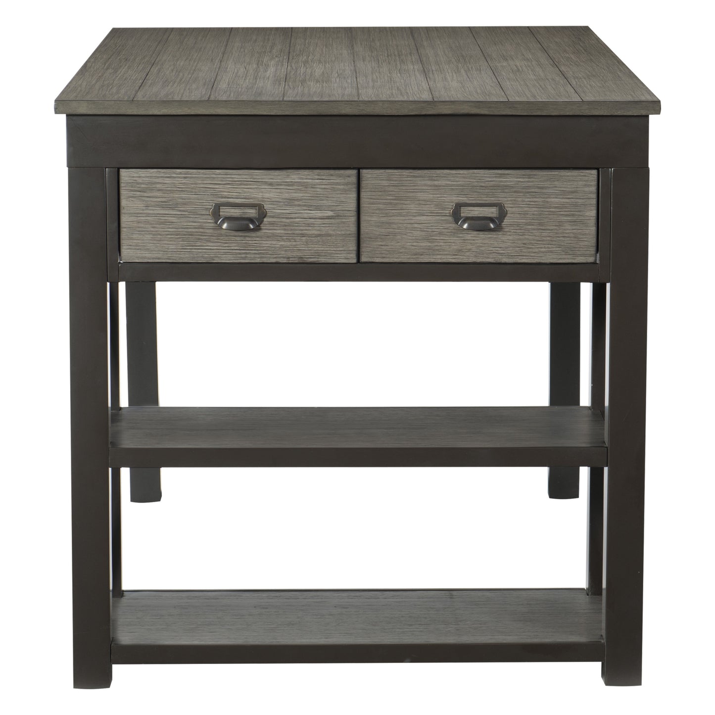 Rustic gray wood end table with two drawers and two open shelves
