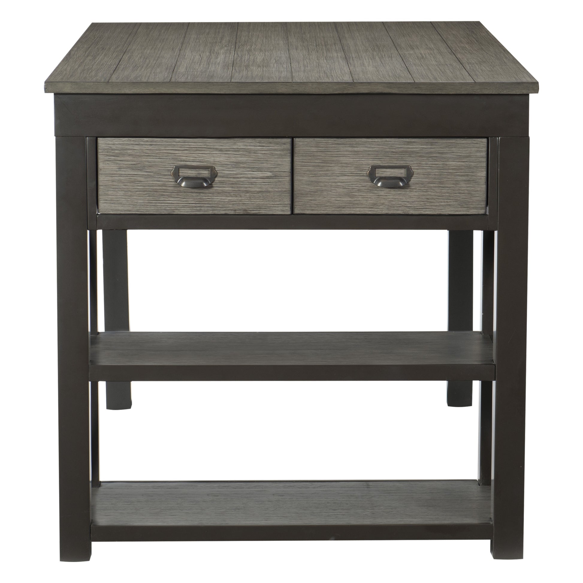 Rustic gray wood end table with two drawers and two open shelves