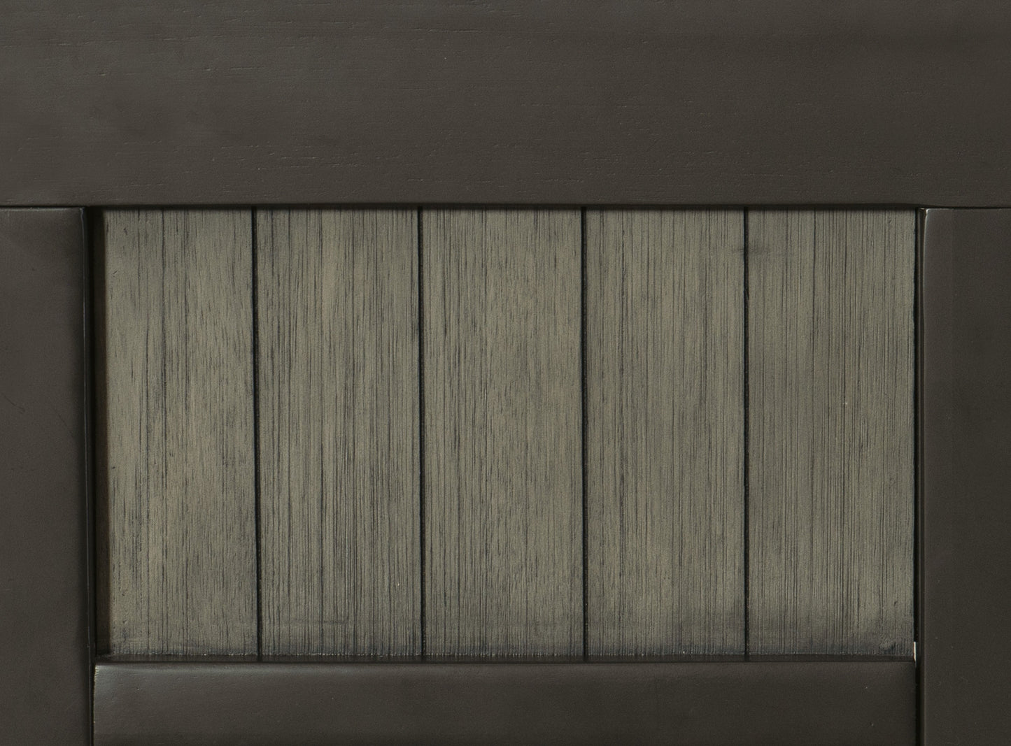 Dark gray wood panel cabinet door with distressed vertical grain
