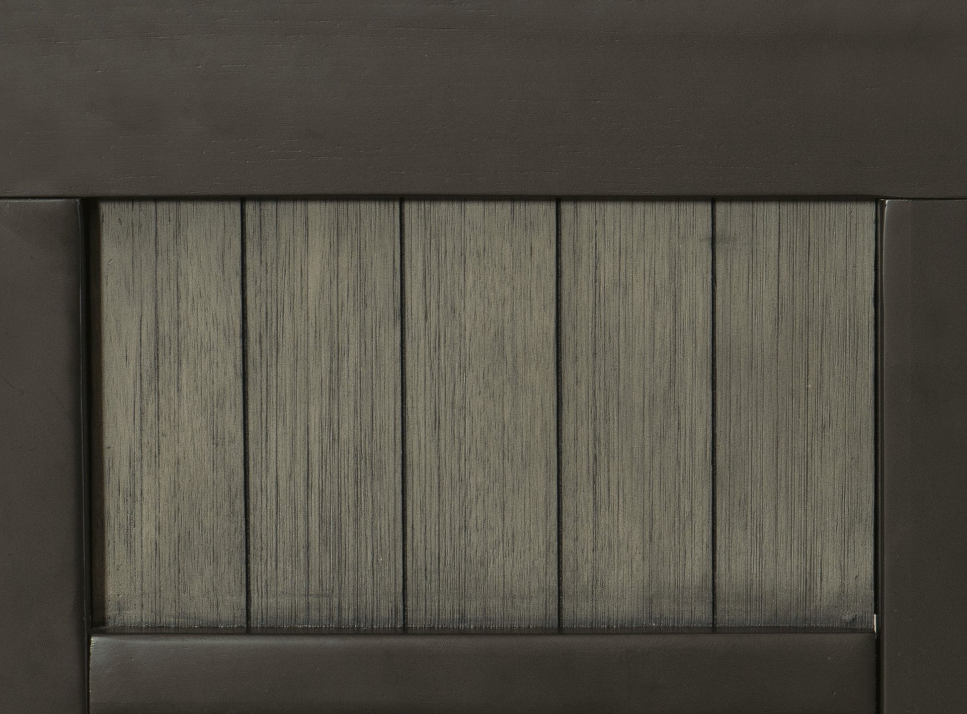 Dark gray wood panel cabinet door with distressed vertical grain