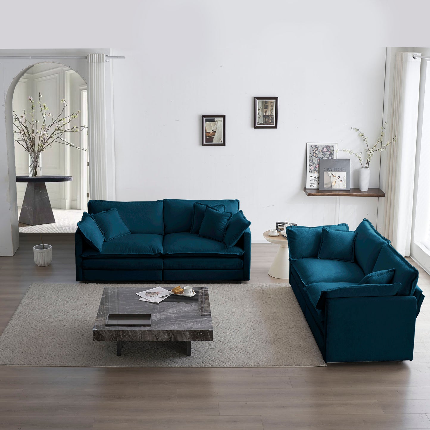 Deep teal velvet sectional sofa with plush cushions and modern design for living room