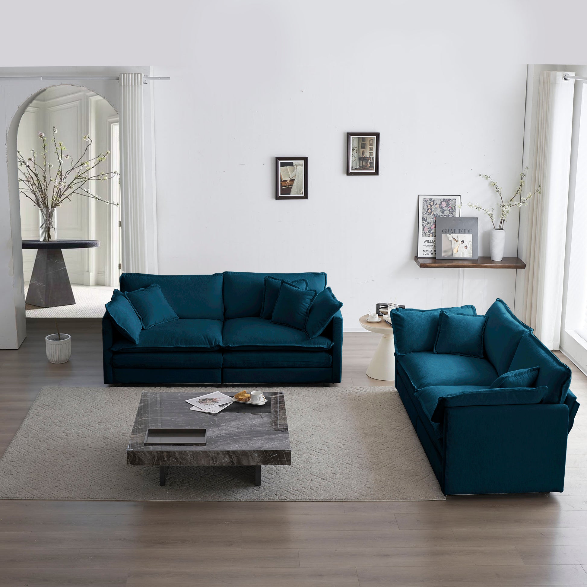 Deep teal velvet sectional sofa with plush cushions and modern design for living room