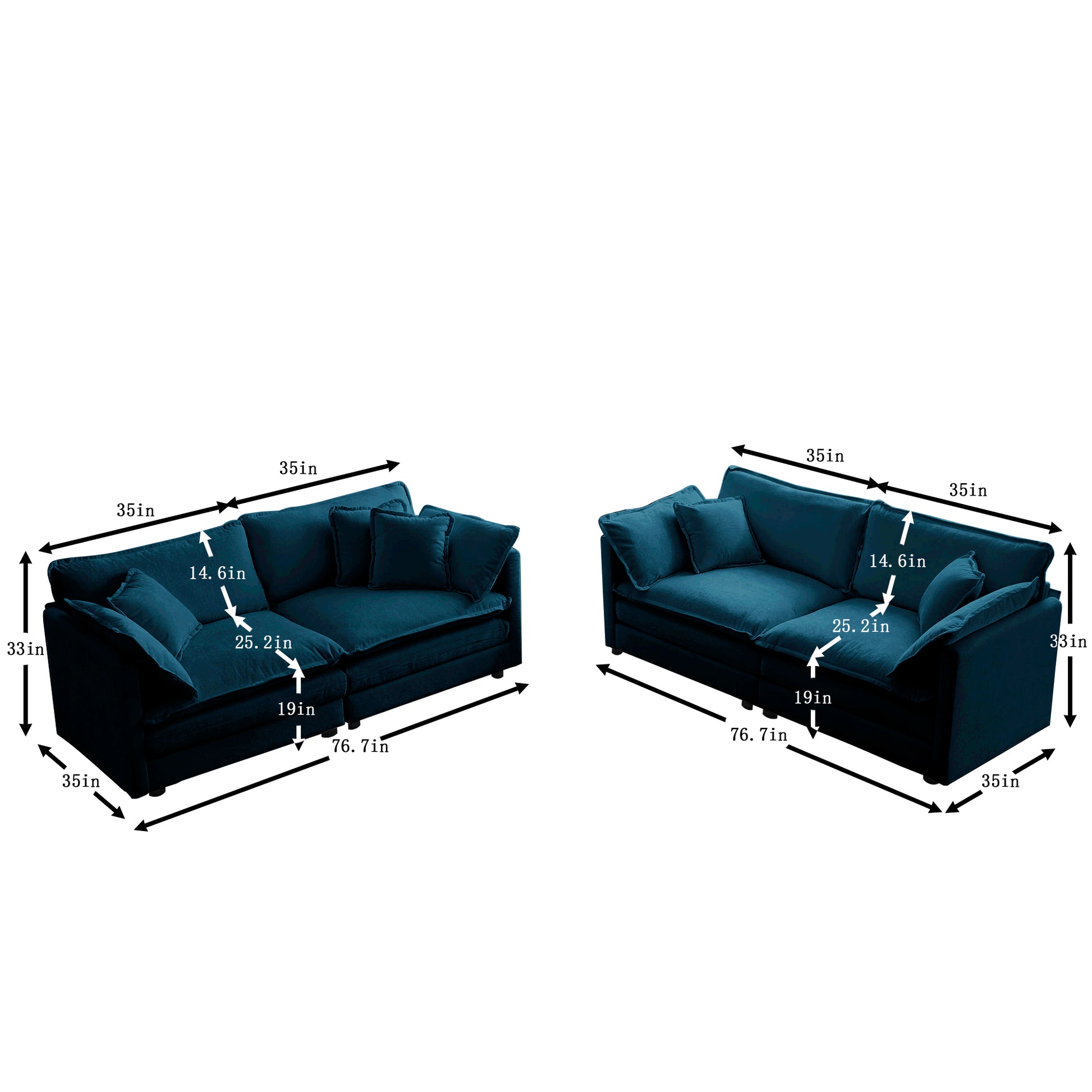 Deep teal velvet modular sofa with plush cushions and detailed dimensions