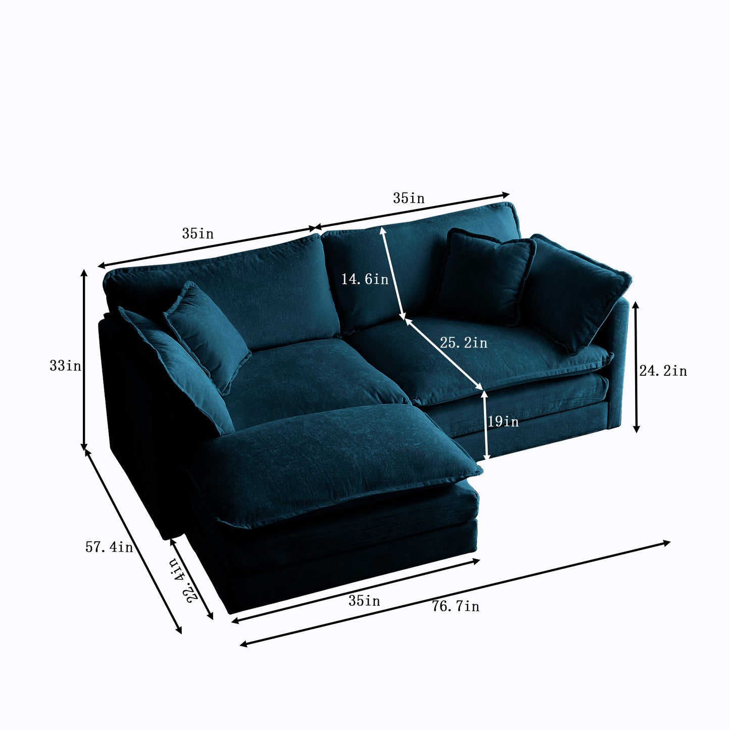 Teal velvet sectional sofa with plush cushions and chaise in