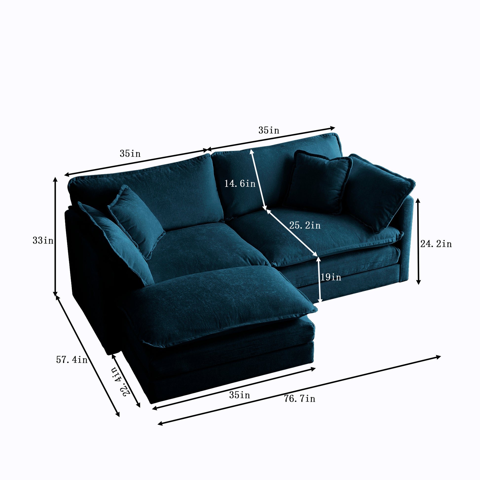 Teal velvet sectional sofa with plush cushions and chaise in