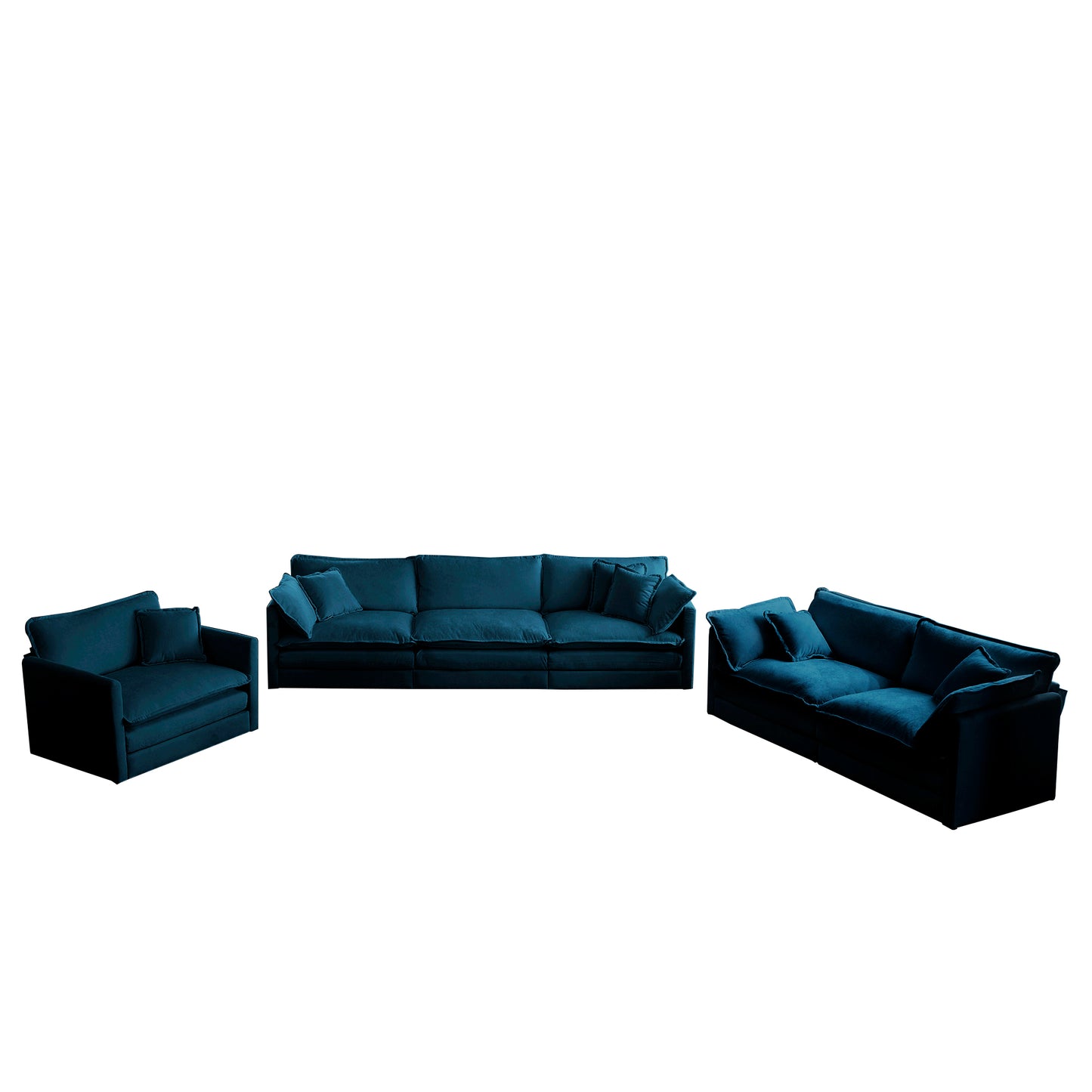 Plush teal velvet modular sofa with deep cushions and matching throw pillows