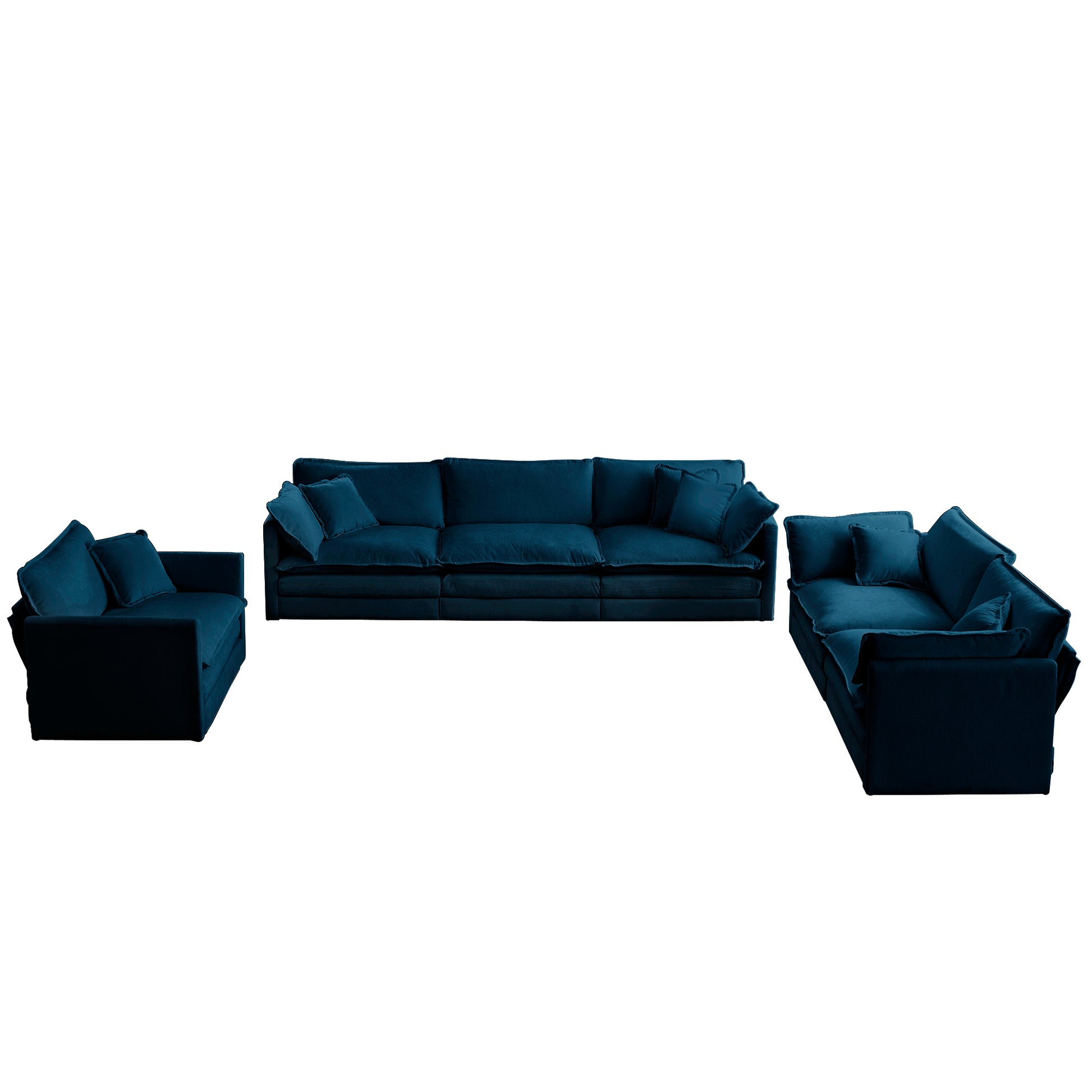 Plush navy blue velvet sectional sofa with deep seats and multiple throw pillows for modern living