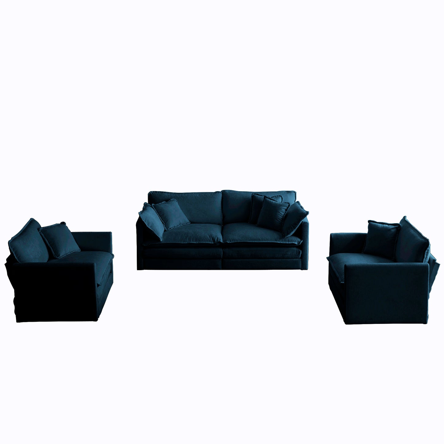 Plush dark teal velvet sofa with matching throw pillows ideal for living room comfort