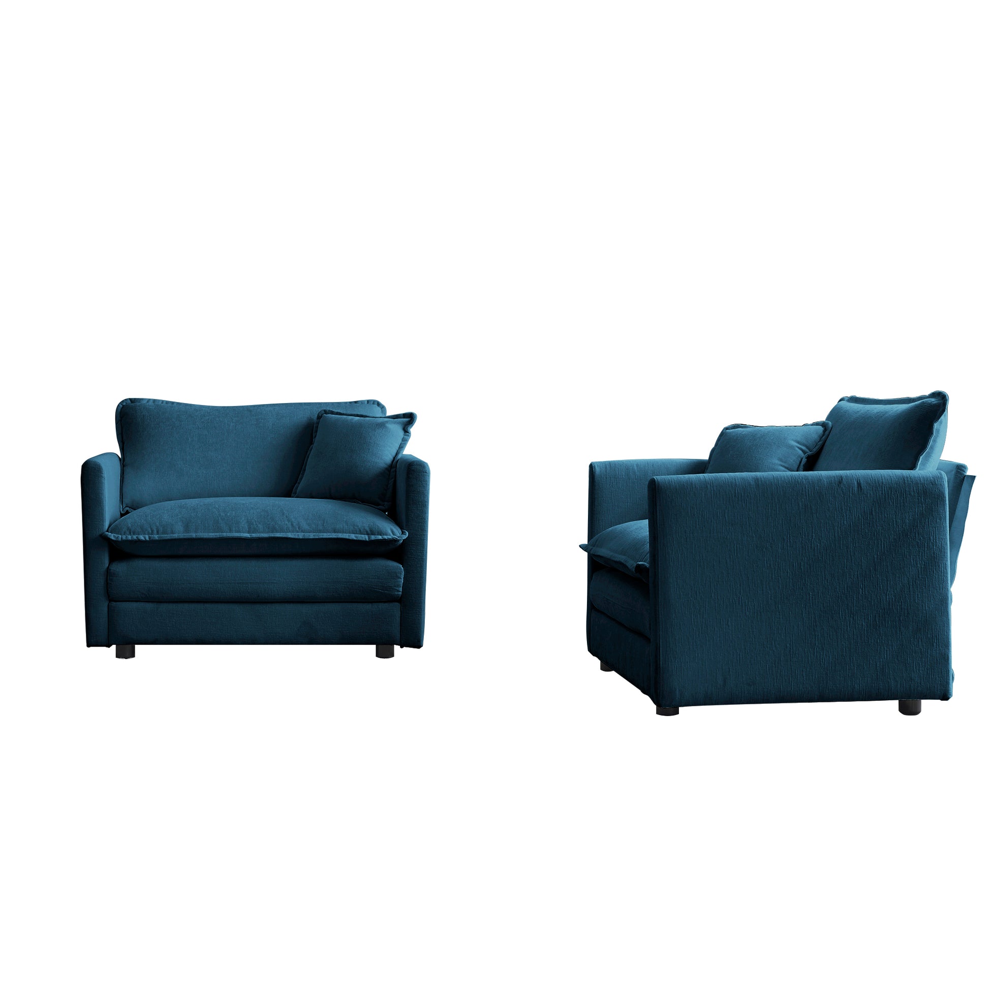 Comfortable teal velvet armchair with plush cushions and matching throw pillow