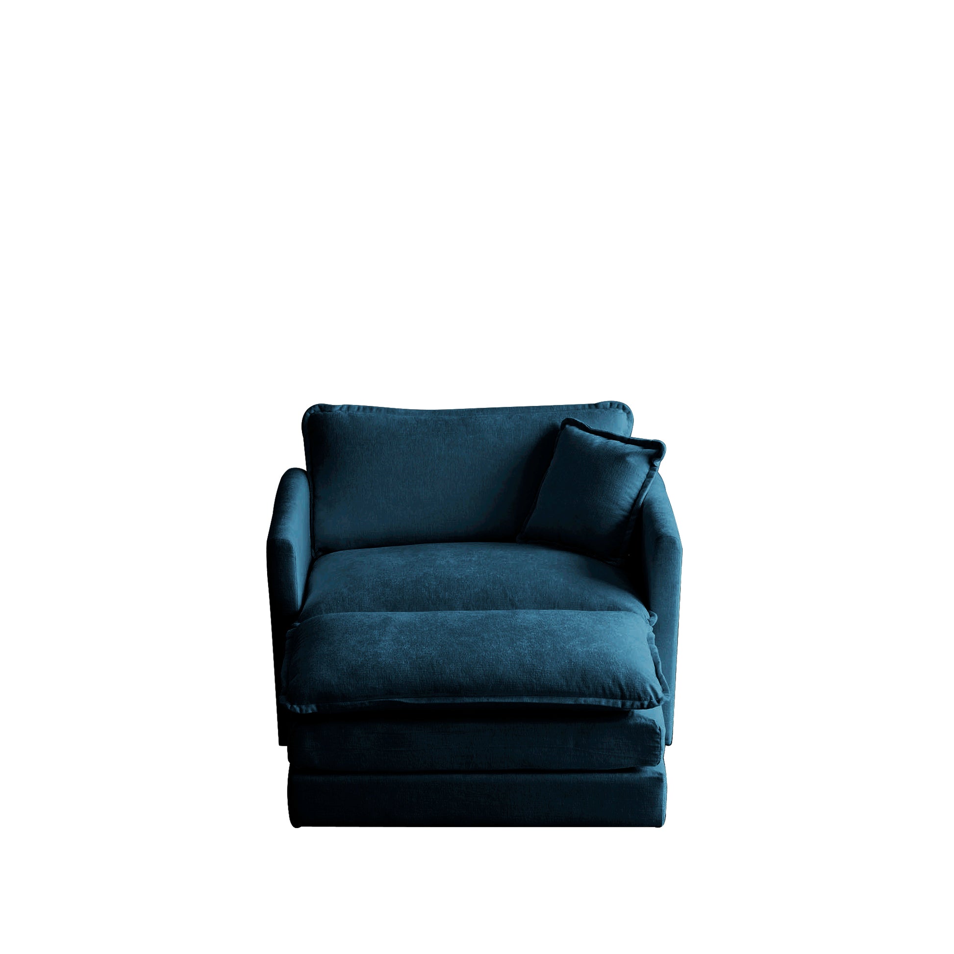 Plush teal velvet armchair with an extended footrest and a matching lumbar pillow for ultimate comfort