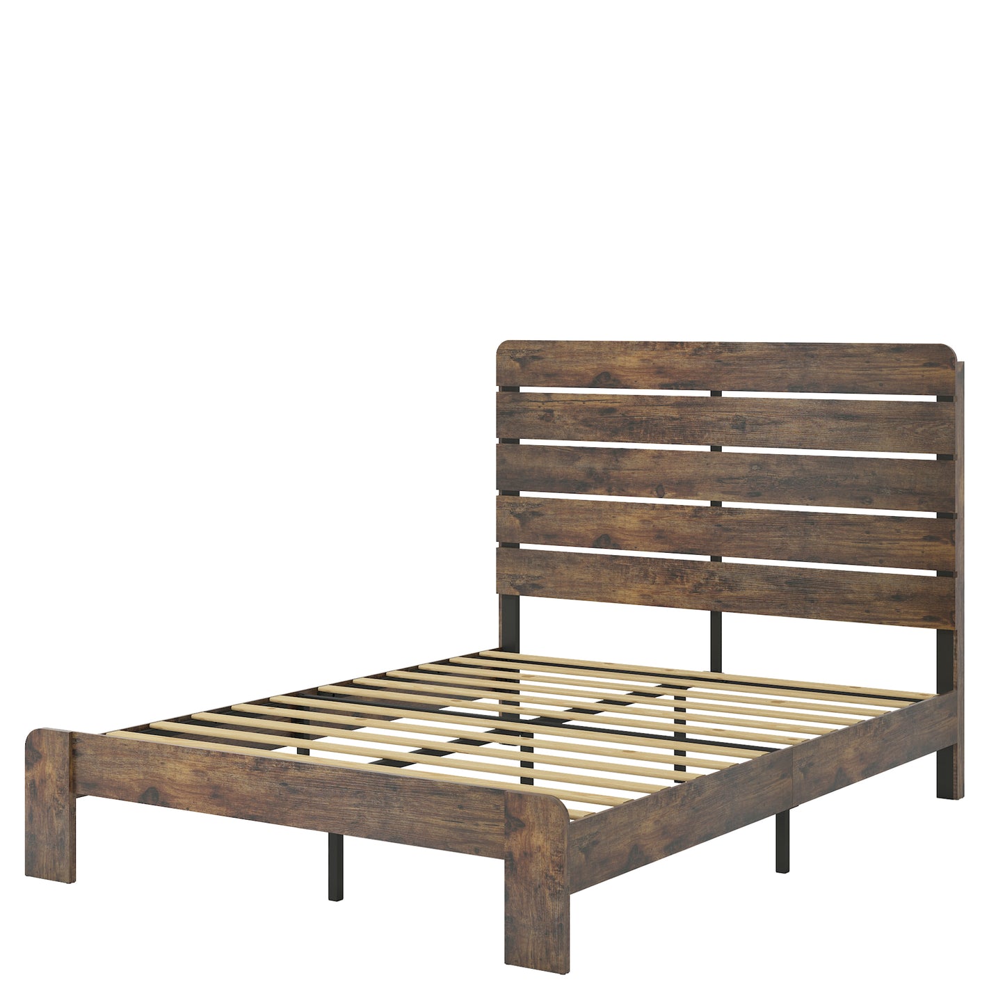 Rustic brown wooden slatted platform bed frame with horizontal headboard