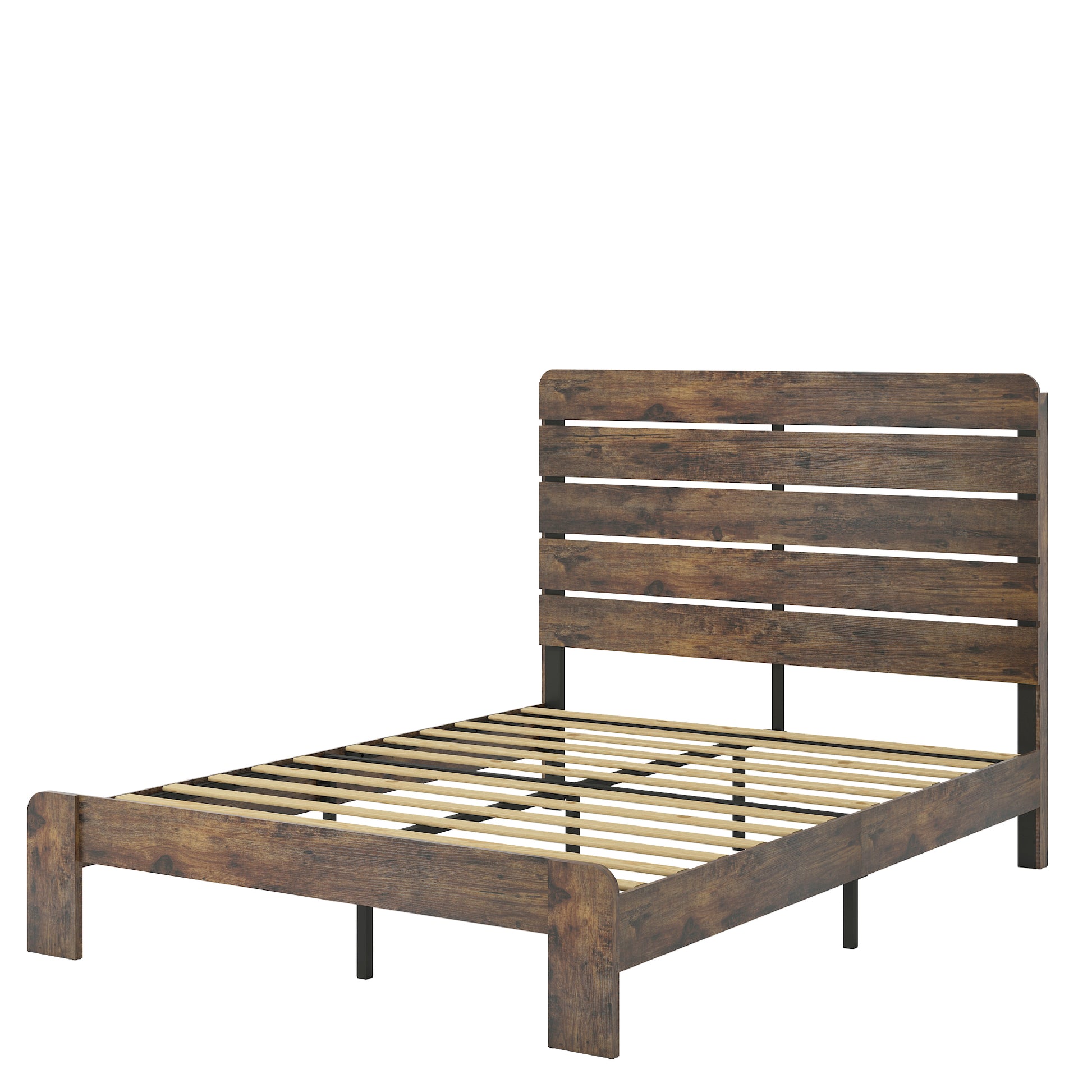 Rustic brown wooden slatted platform bed frame with horizontal headboard