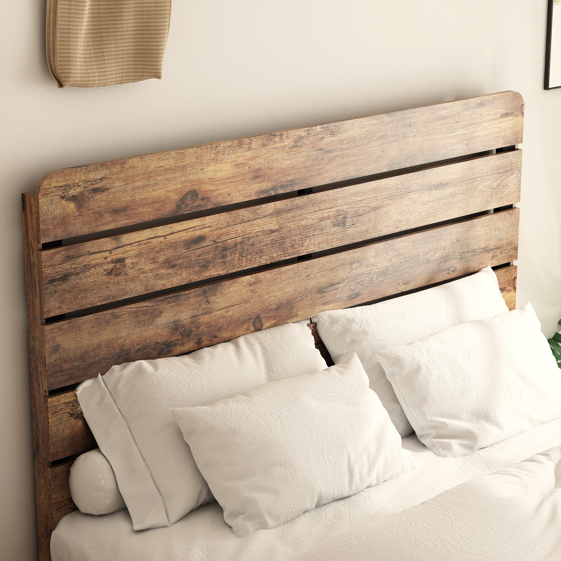 Rustic wooden headboard with horizontal plank design