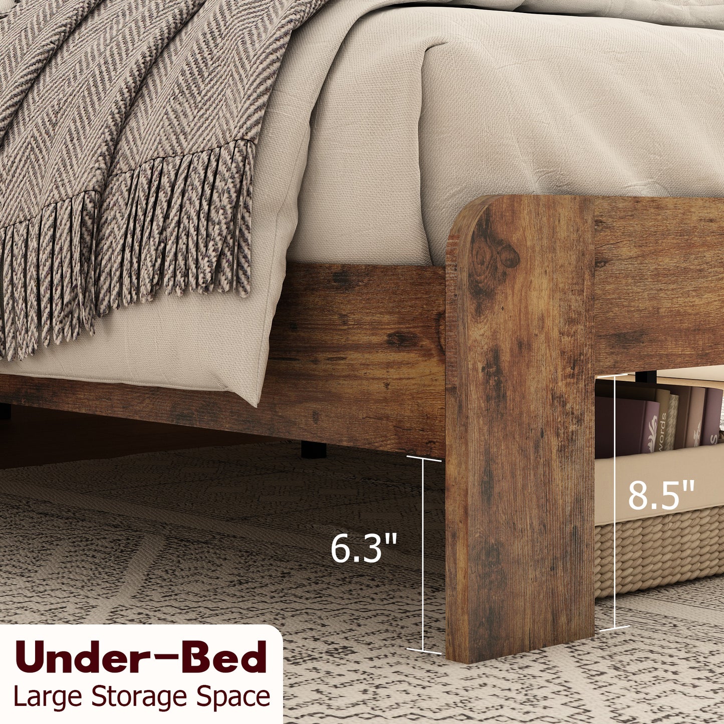 Rustic wood bed frame with  underbed clearance