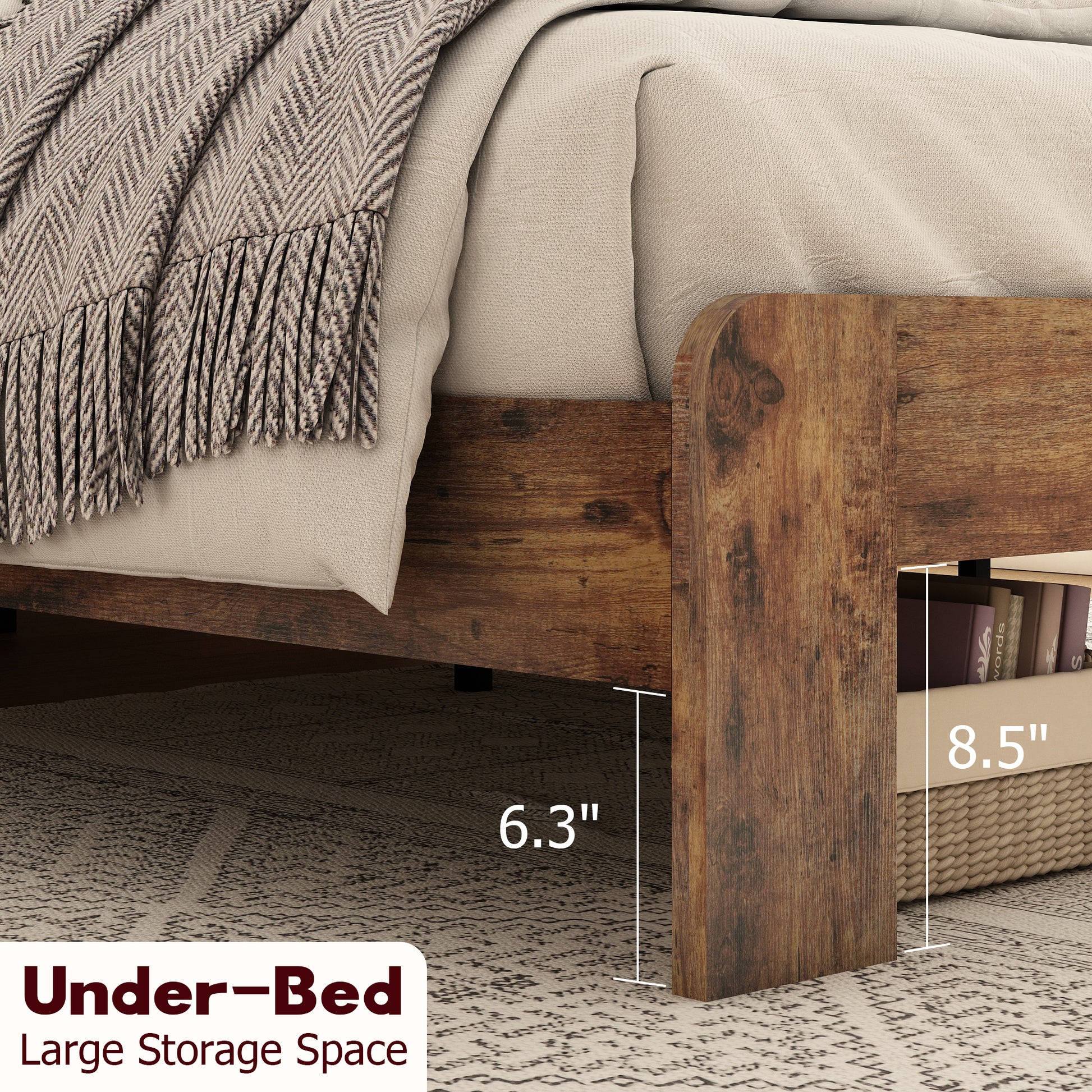 Rustic wood bed frame with  underbed clearance