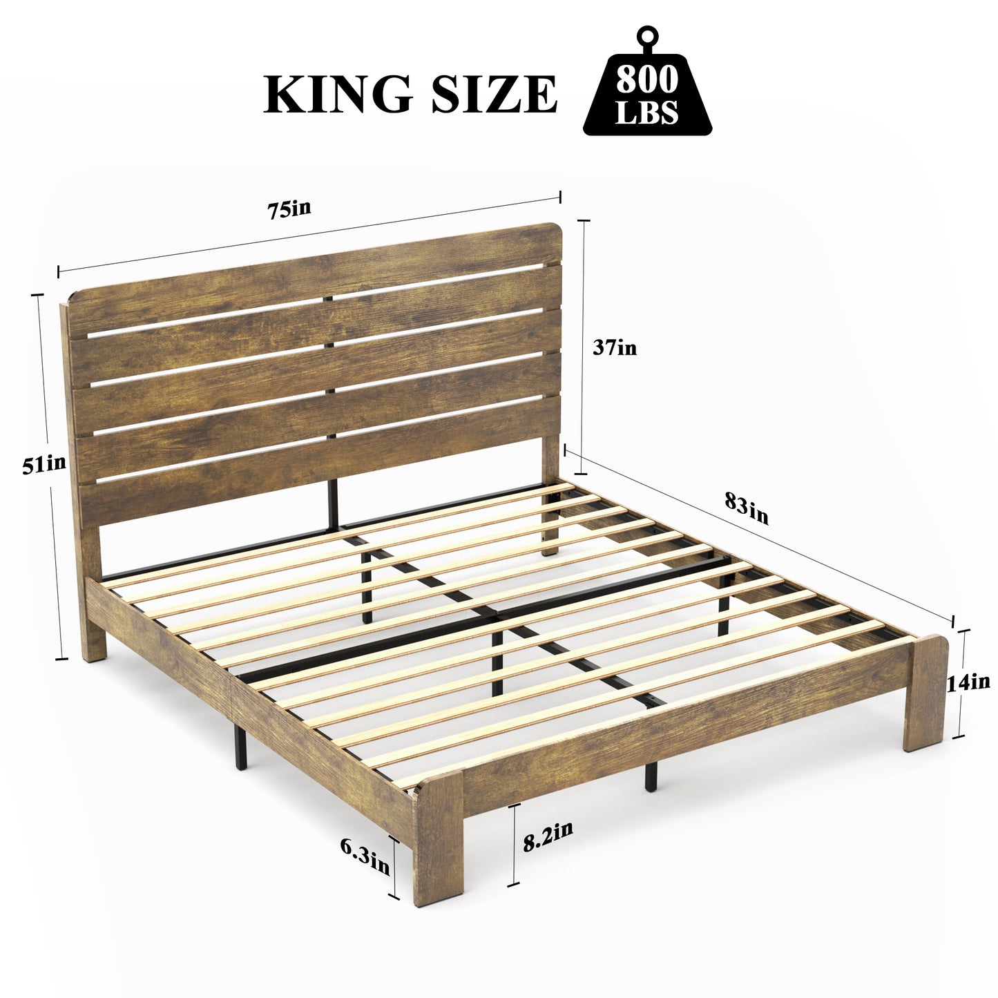 Rustic brown wooden king size bed frame with slatted headboard
