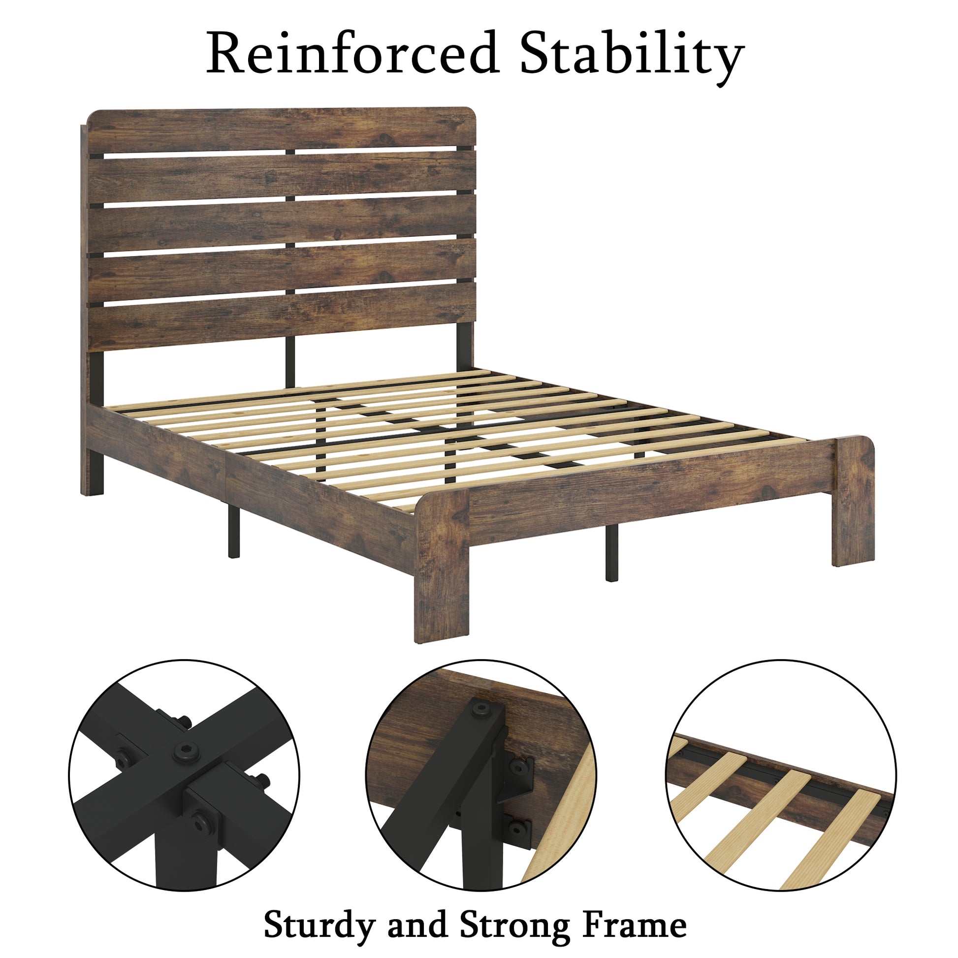 Rustic brown wood platform bed frame with slatted headboard and base