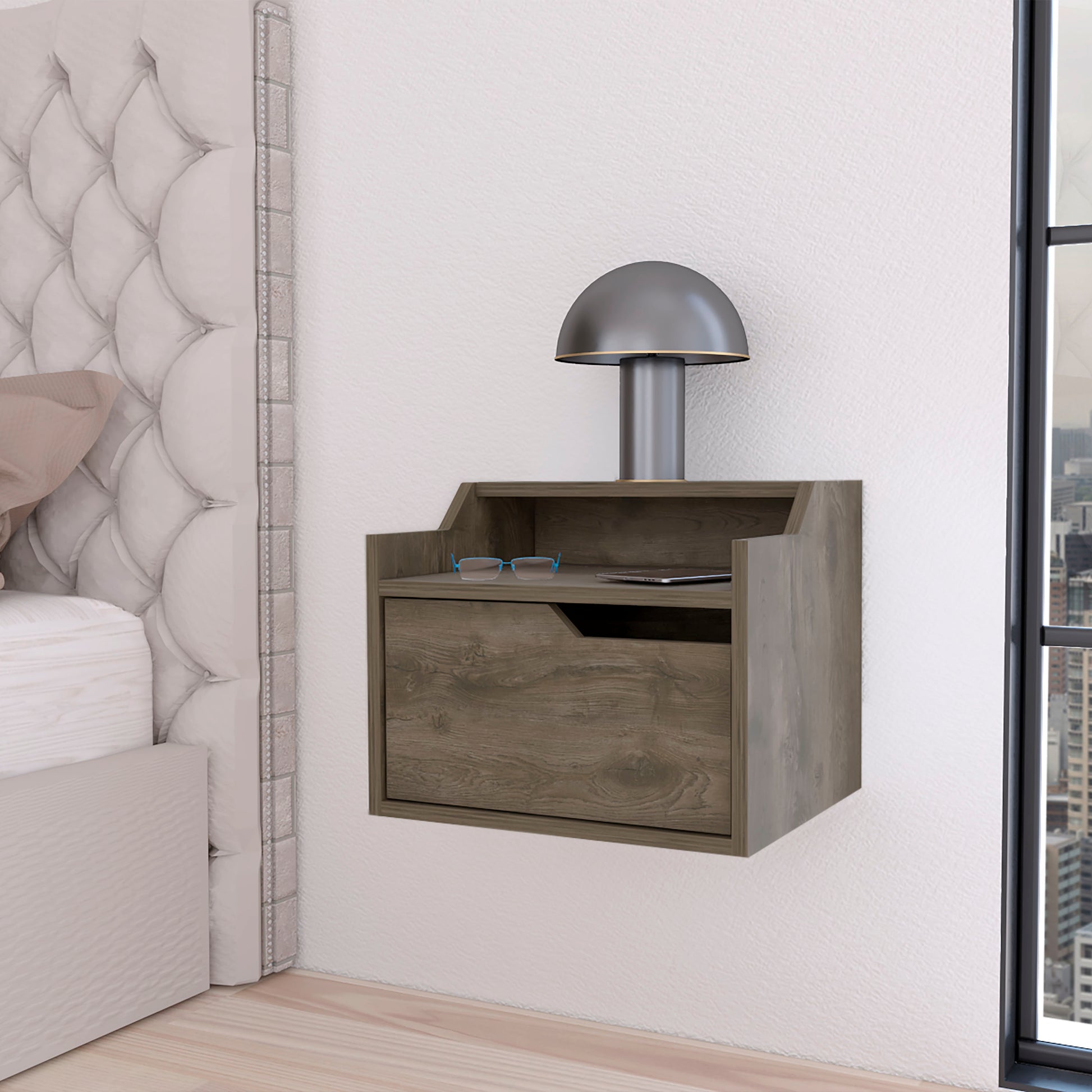 Modern grey wood floating nightstand with drawer shelf and integrated desk lamp
