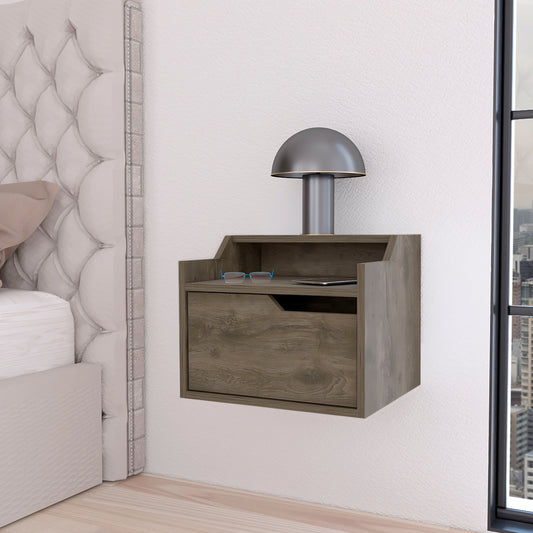 Modern grey wood floating nightstand with drawer shelf and integrated desk lamp