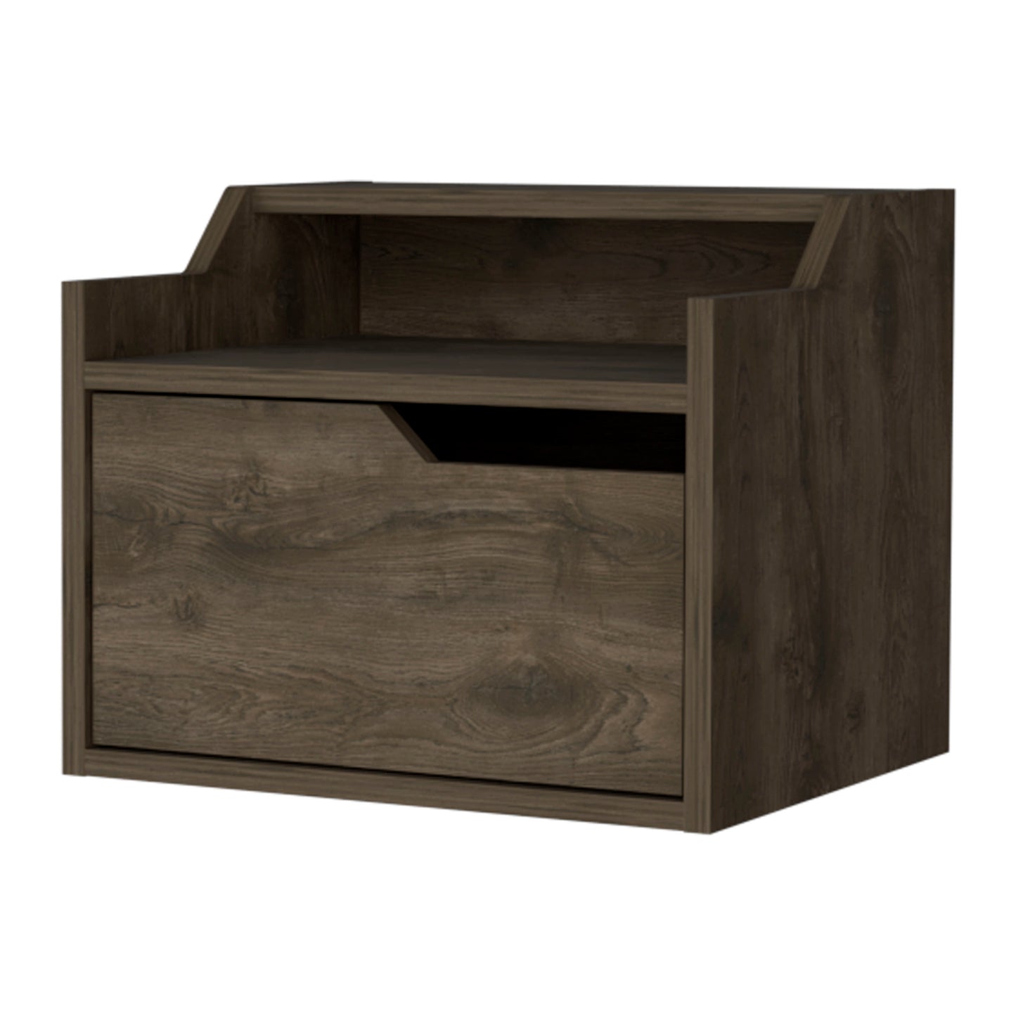 Modern dark wood bedside table with single drawer and open shelf